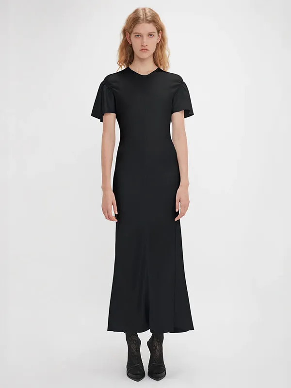 Gathered Sleeve Midi Dress in Black