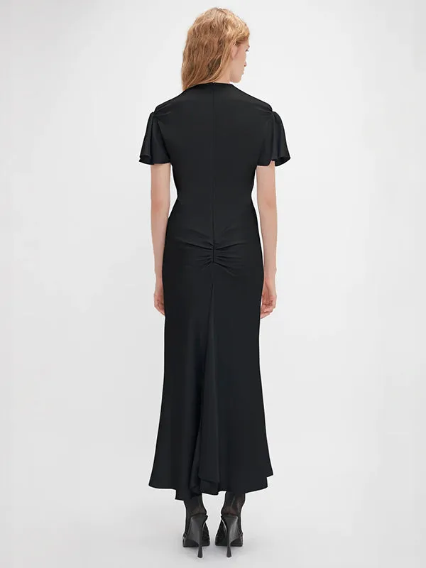 Gathered Sleeve Midi Dress in Black