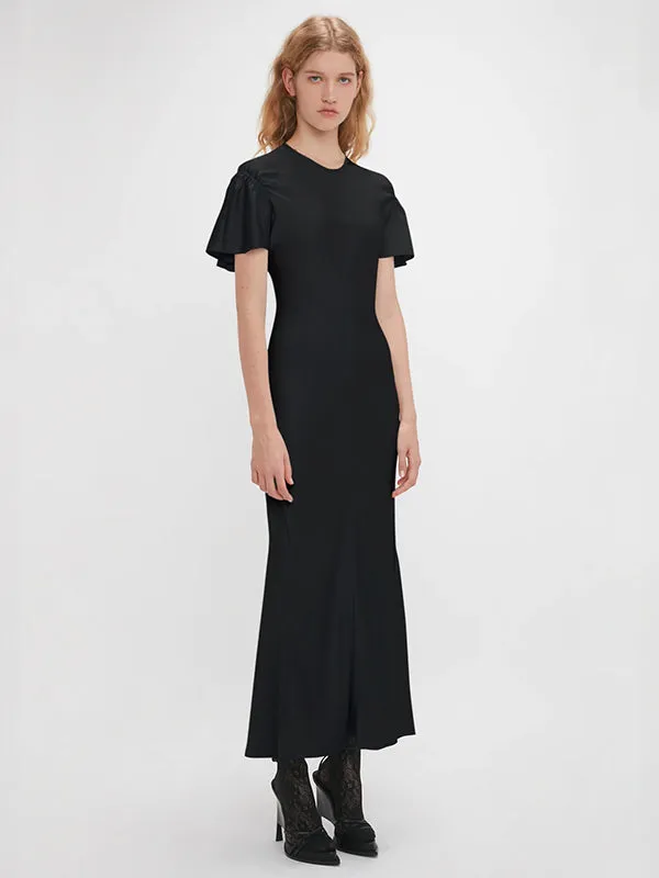 Gathered Sleeve Midi Dress in Black