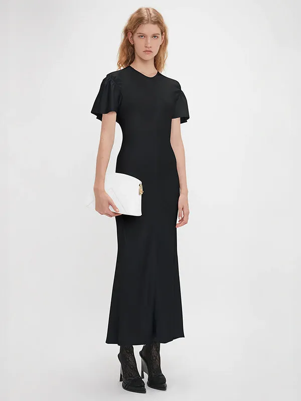 Gathered Sleeve Midi Dress in Black