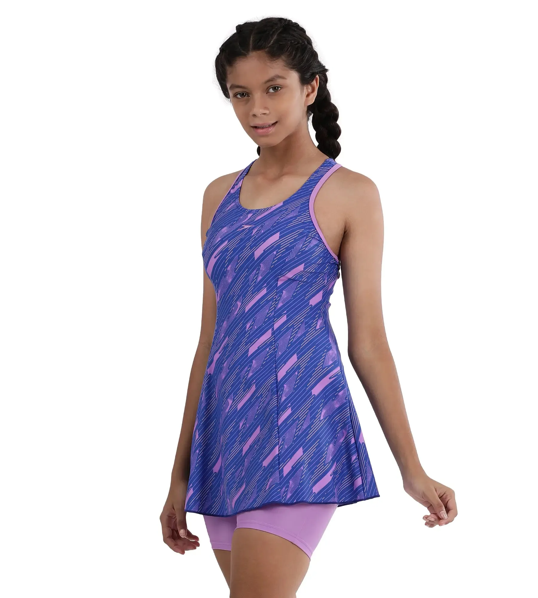 Girl's Endurance Printed Racerback Swimdress With Boyleg - Sweet Purple & True Cobalt