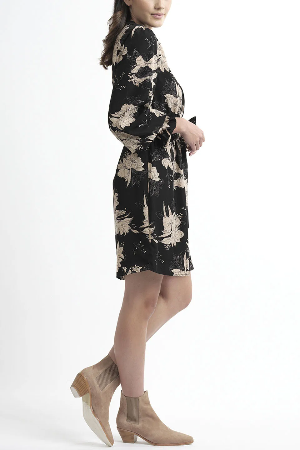 Honey LS Black Nude Hibiscus Floral Dress