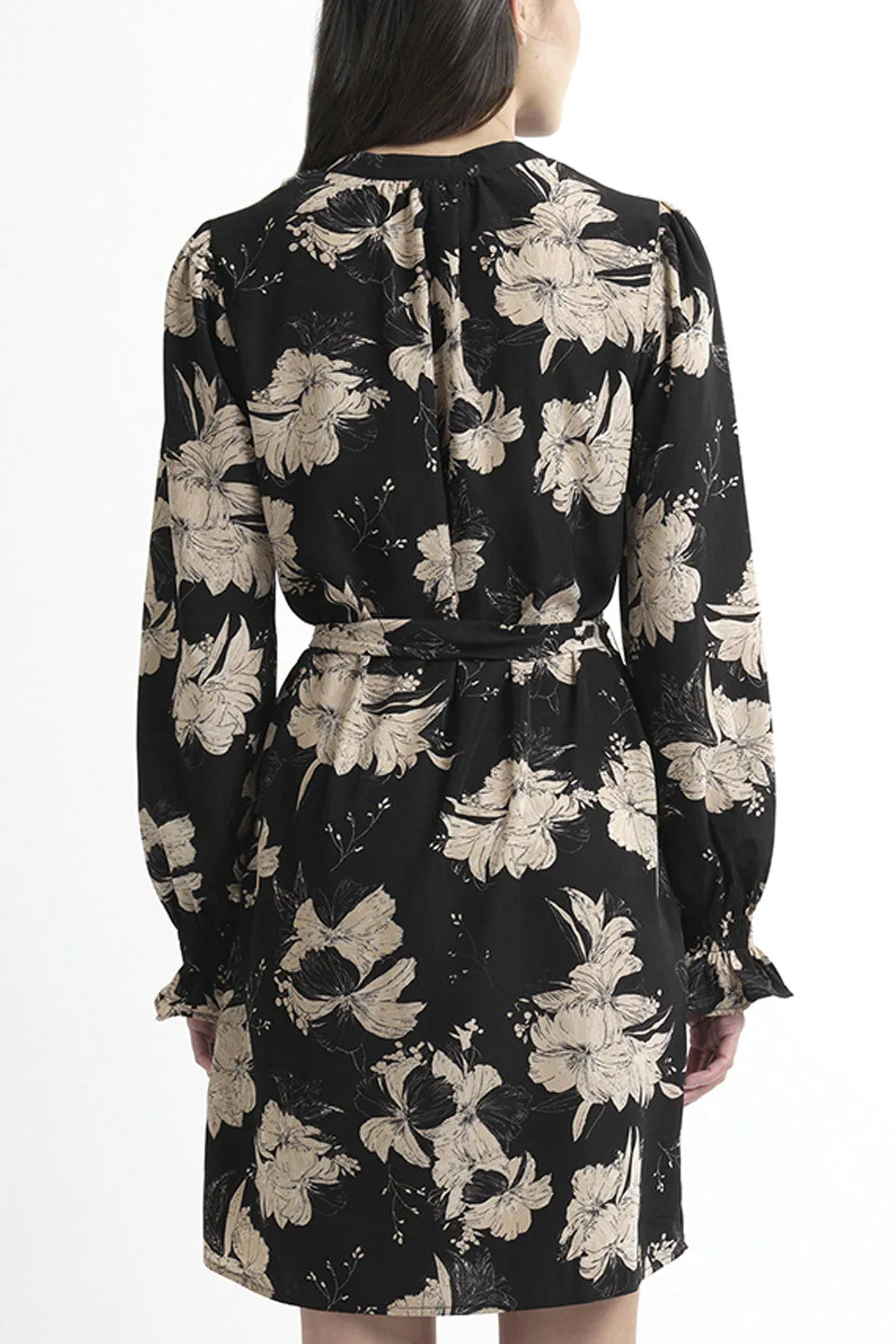 Honey LS Black Nude Hibiscus Floral Dress