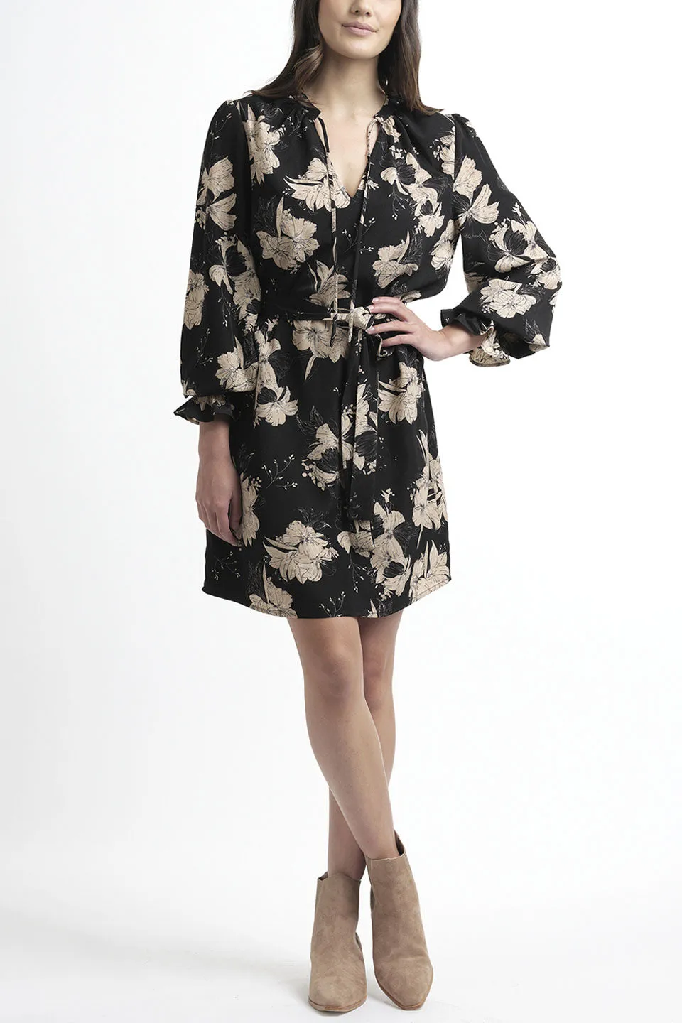 Honey LS Black Nude Hibiscus Floral Dress