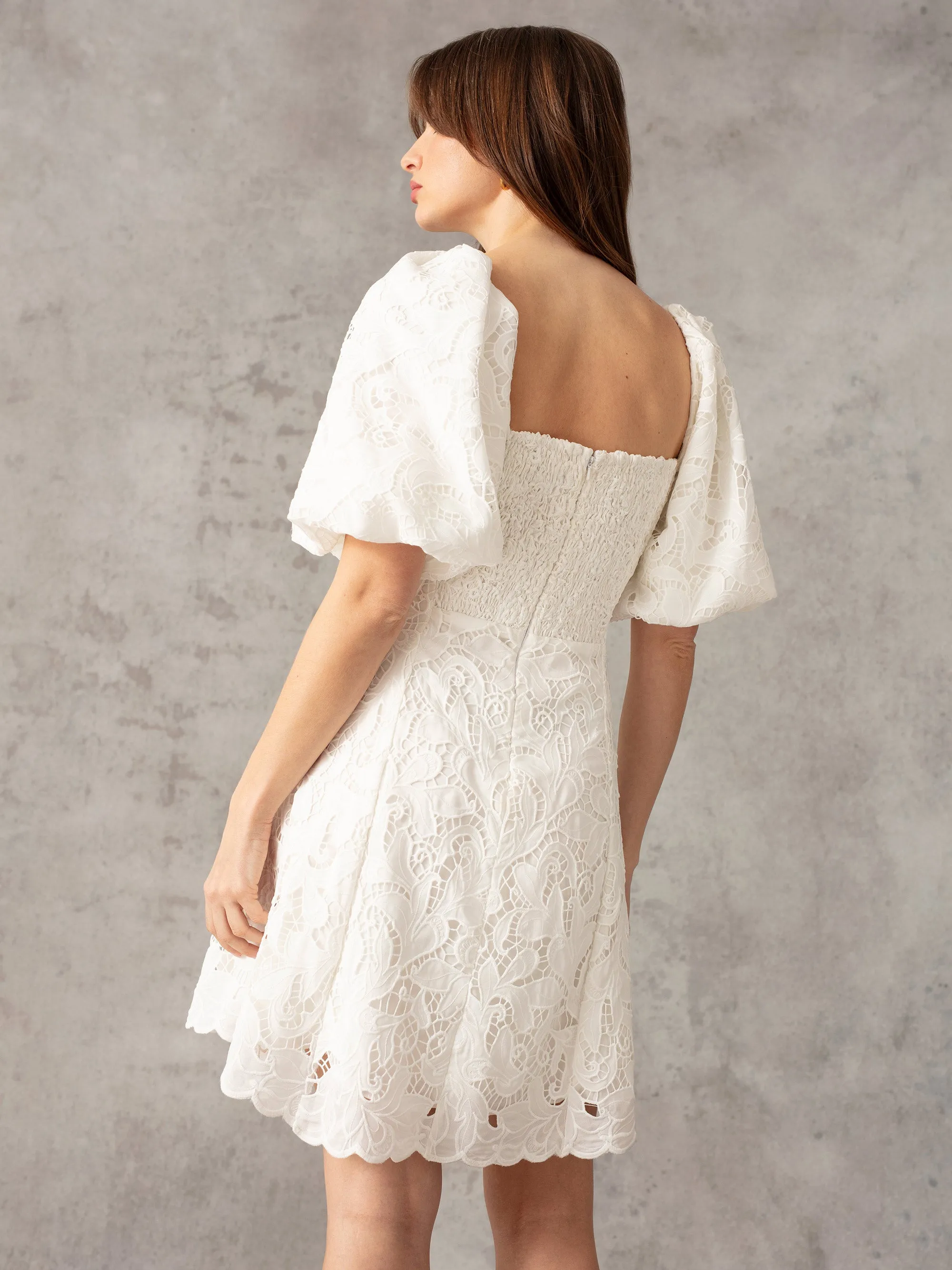 Ivory Lace Puff Sleeve Square Neck Dress