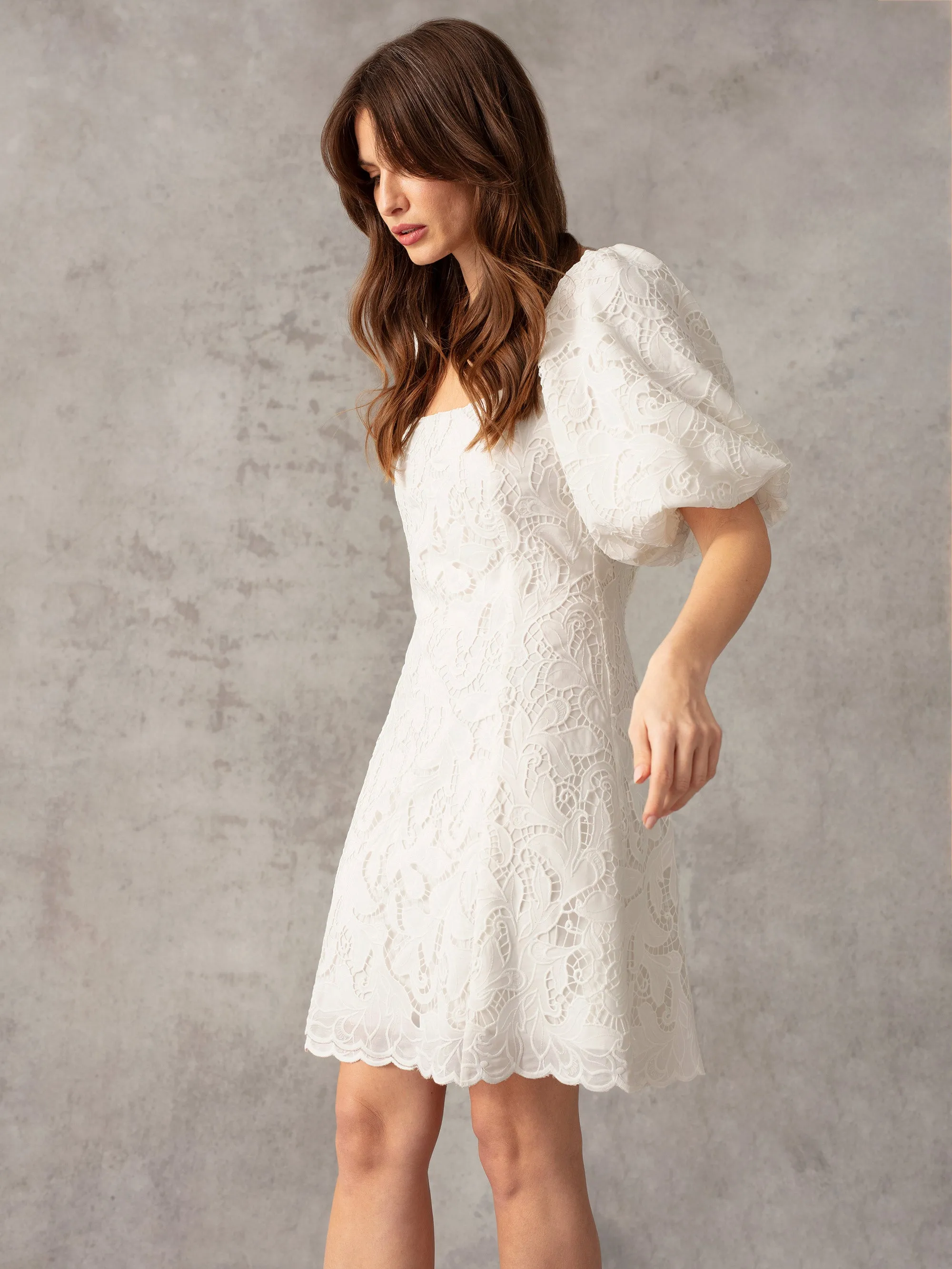 Ivory Lace Puff Sleeve Square Neck Dress