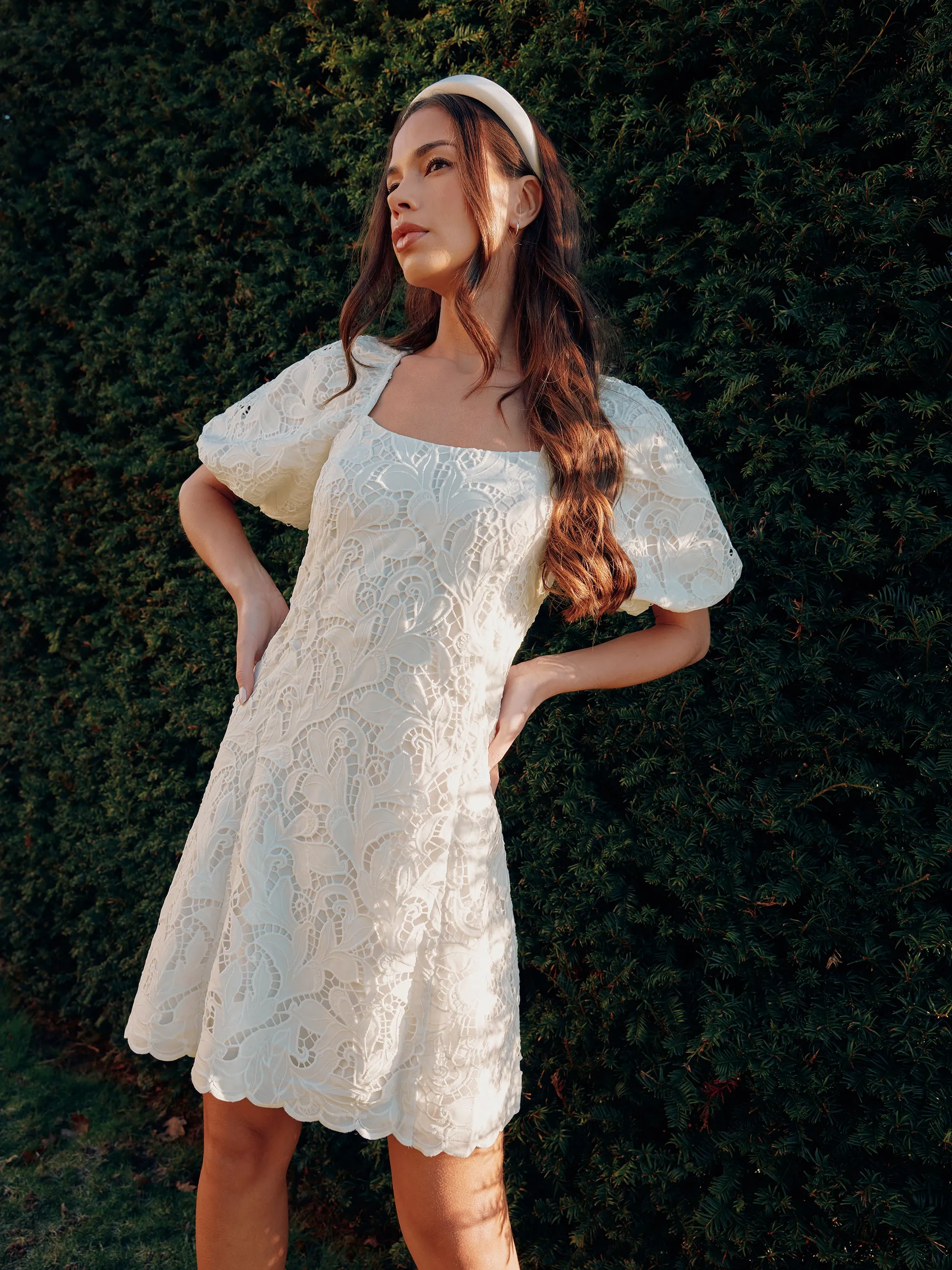 Ivory Lace Puff Sleeve Square Neck Dress