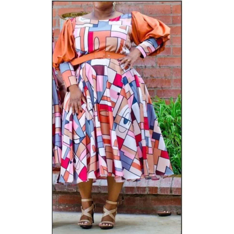 Long Sleeve Print Vintage Plus-Size Dress