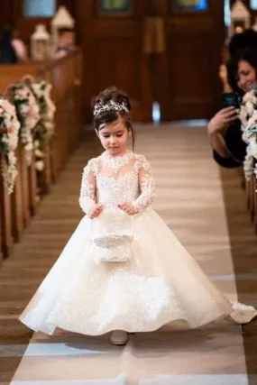 Long Sleeves Jewel Princess Long Lace Flower Girl Dresses