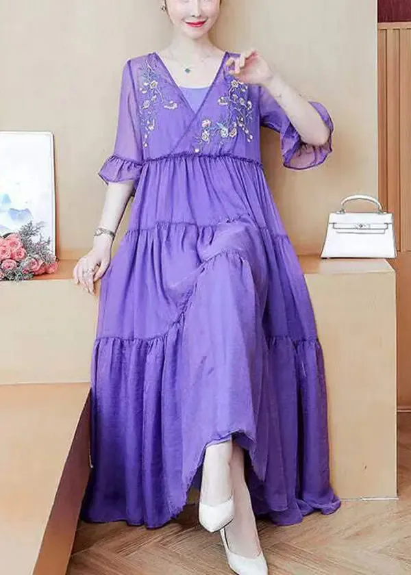 Loose Purple V Neck Embroidered Wrinkled Patchwork Chiffon Dress Summer HA1058