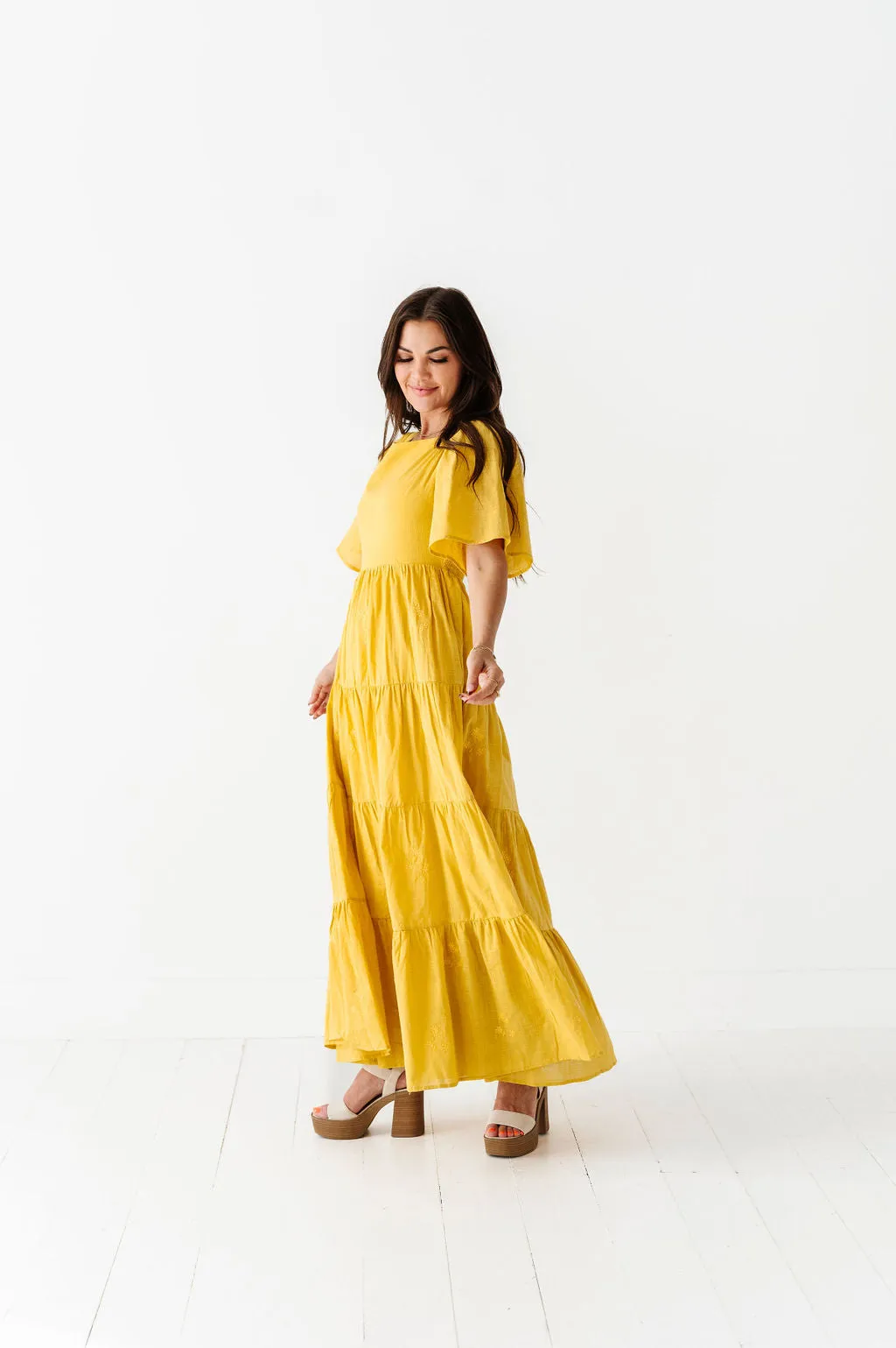 Lucia Embroidered Dress in Mustard