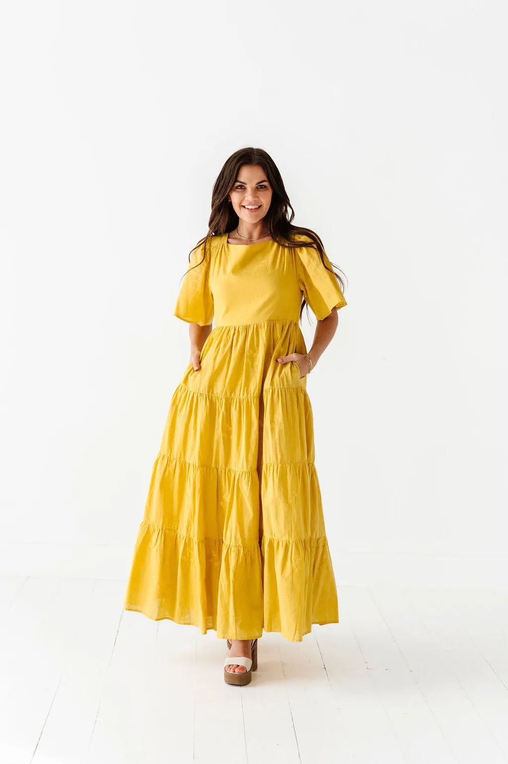 Lucia Embroidered Dress in Mustard