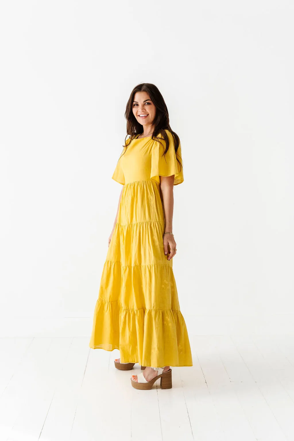 Lucia Embroidered Dress in Mustard