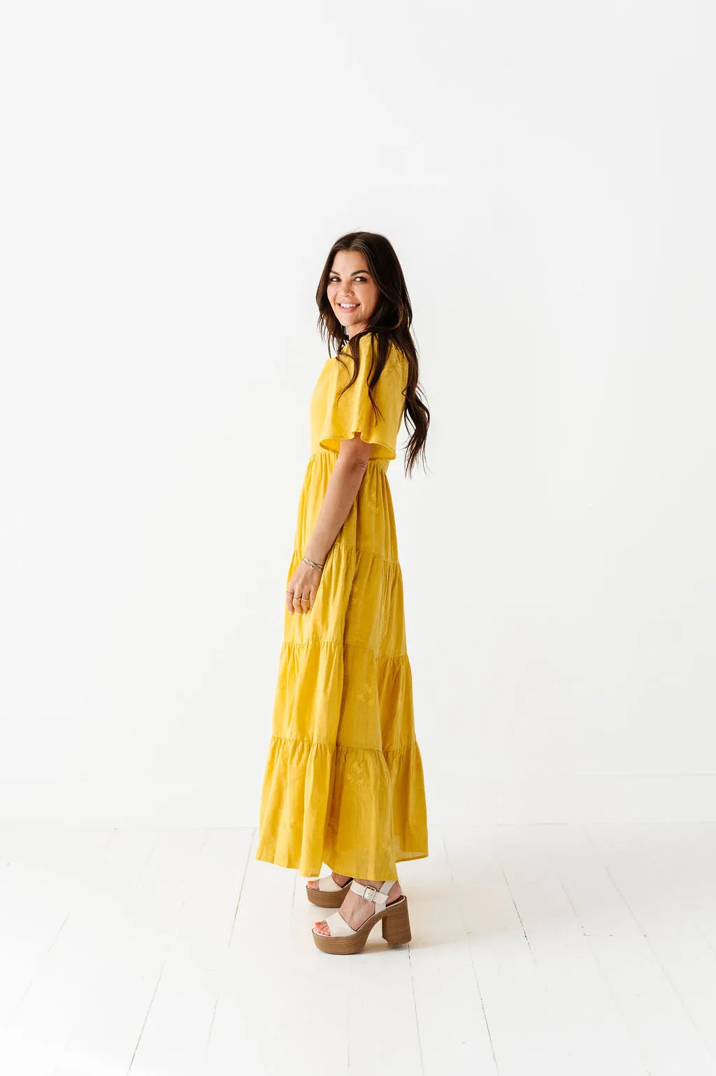 Lucia Embroidered Dress in Mustard