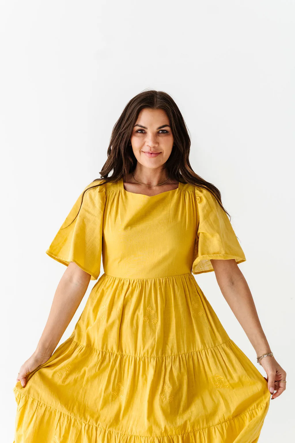 Lucia Embroidered Dress in Mustard