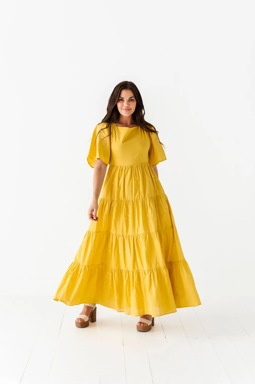 Lucia Embroidered Dress in Mustard