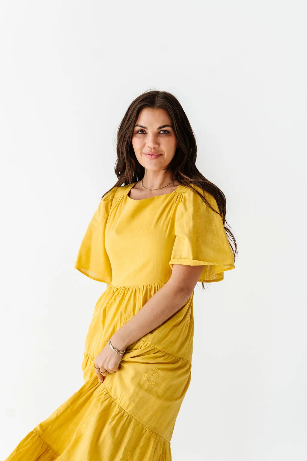 Lucia Embroidered Dress in Mustard