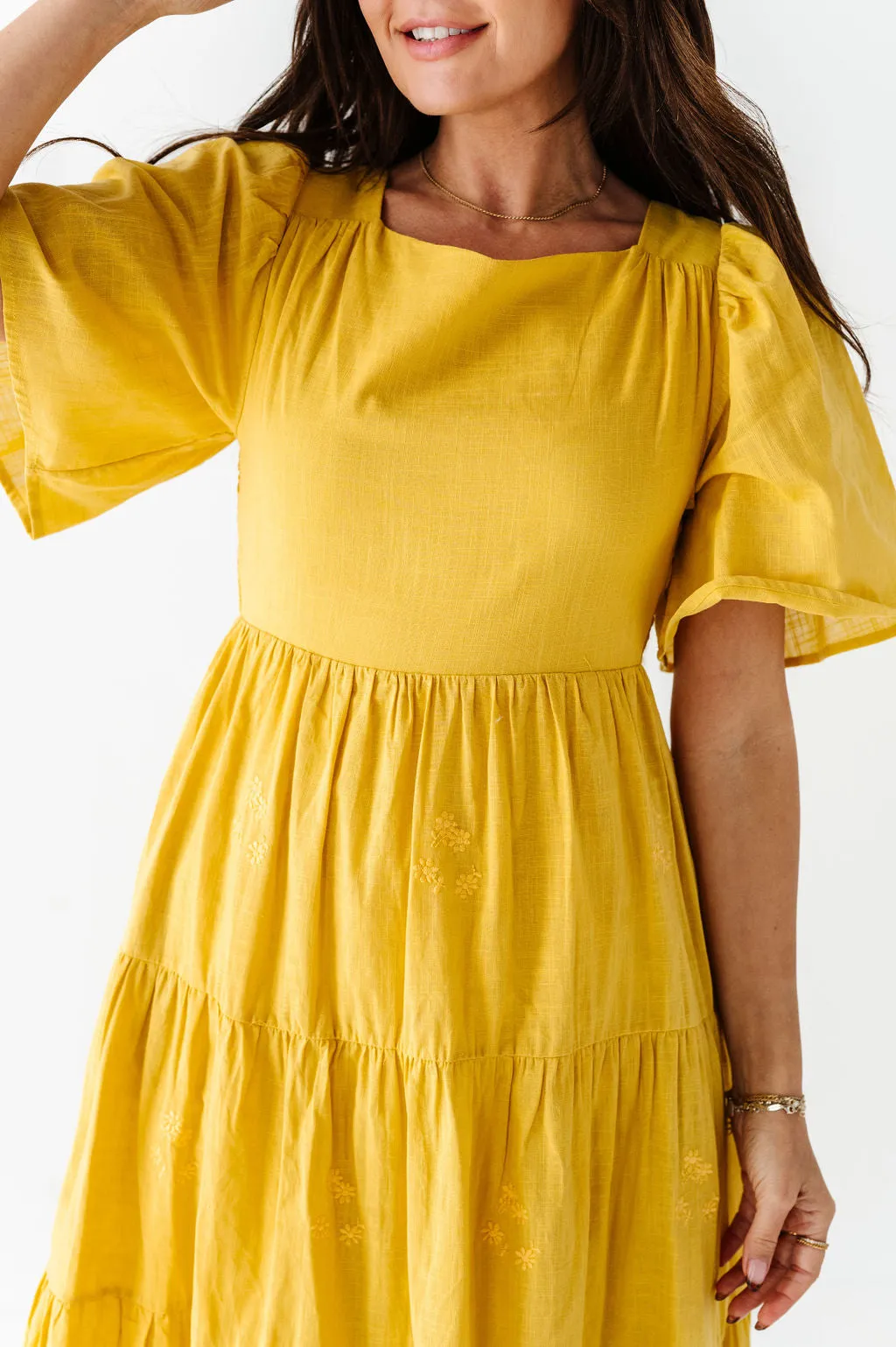 Lucia Embroidered Dress in Mustard