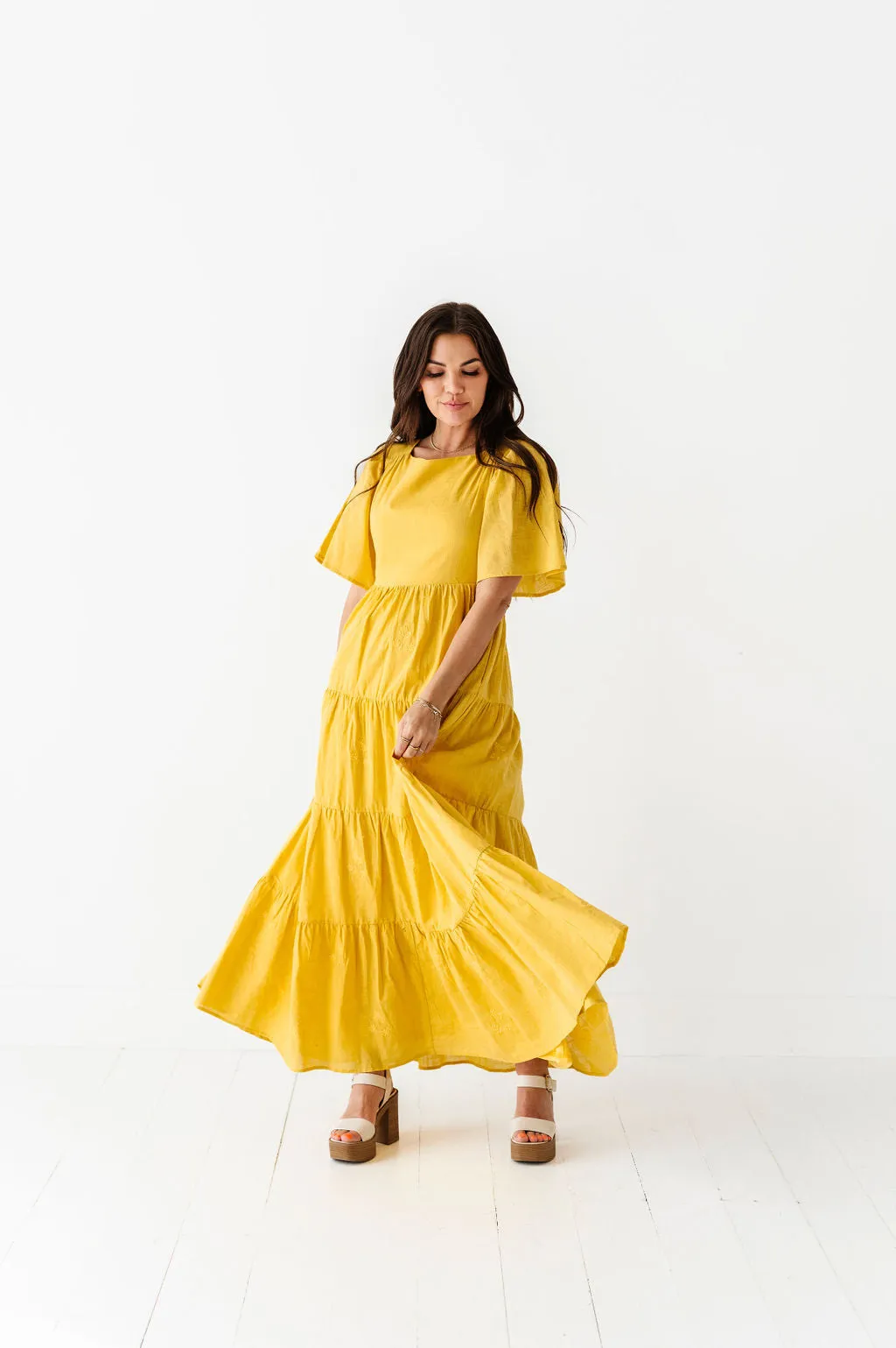 Lucia Embroidered Dress in Mustard