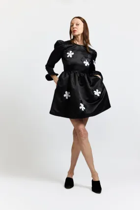 Mini Prairie Dress in Black Satin Flowers