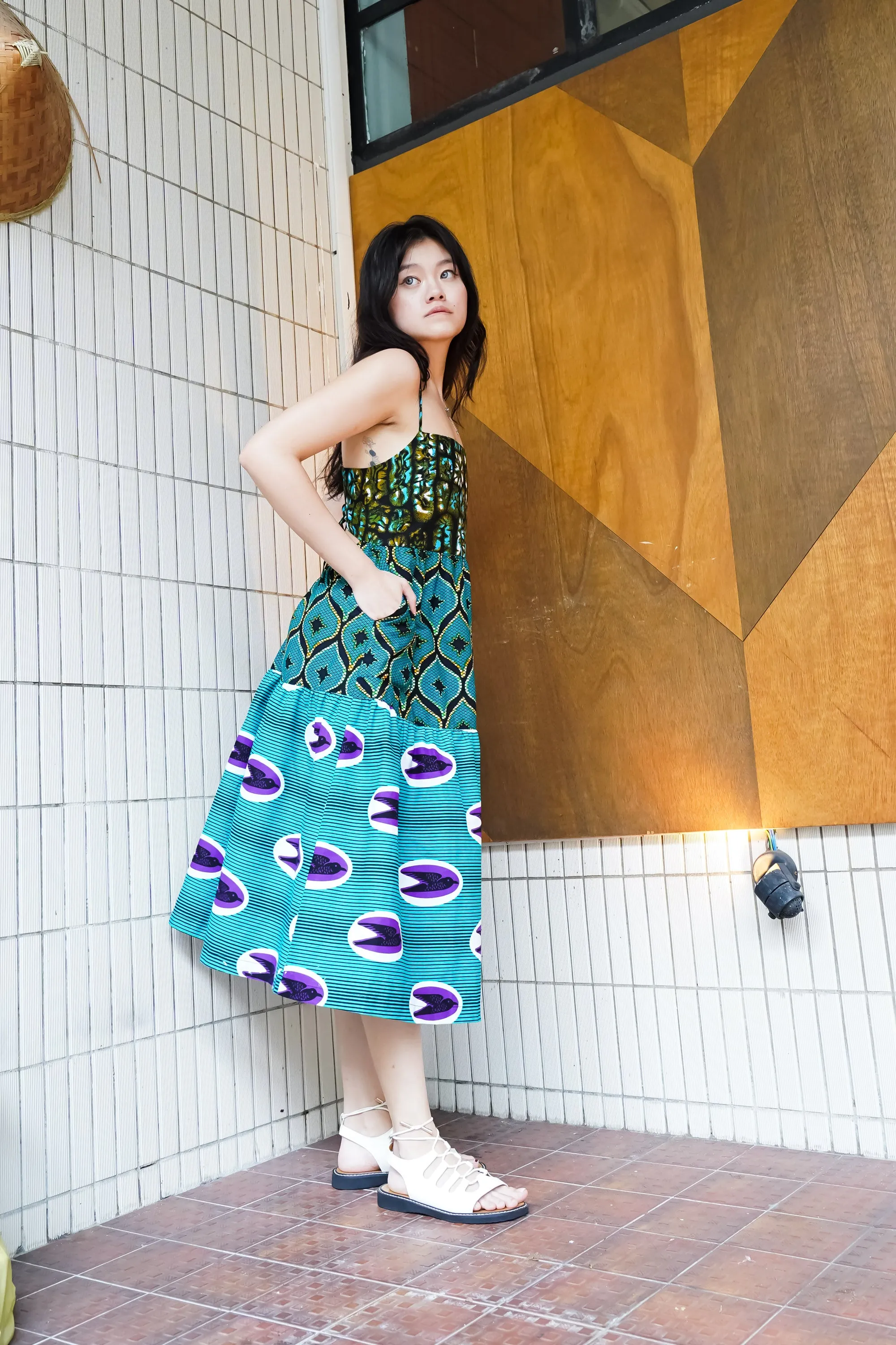 Okiki Spaghetti Strap Dress - Turquoise Green African Ankara Wax Cotton Print