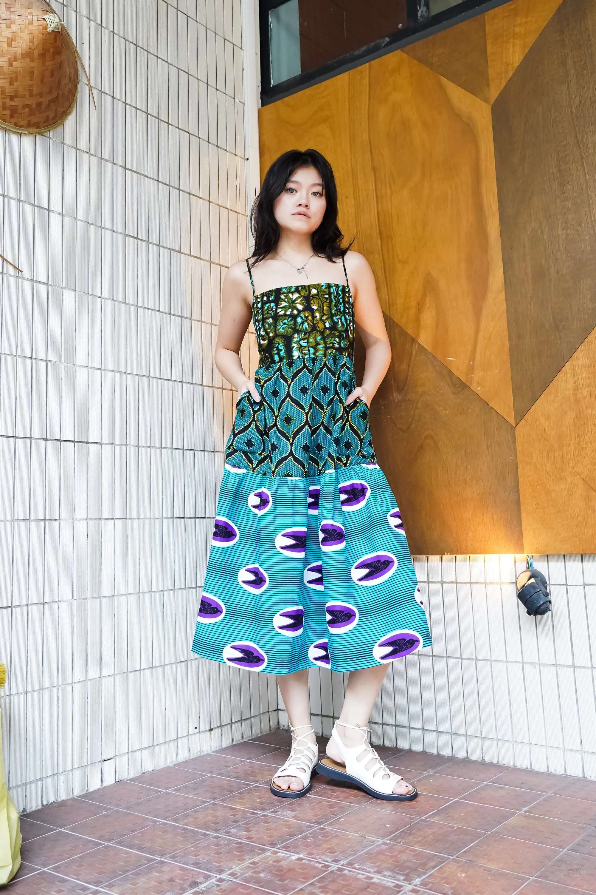 Okiki Spaghetti Strap Dress - Turquoise Green African Ankara Wax Cotton Print