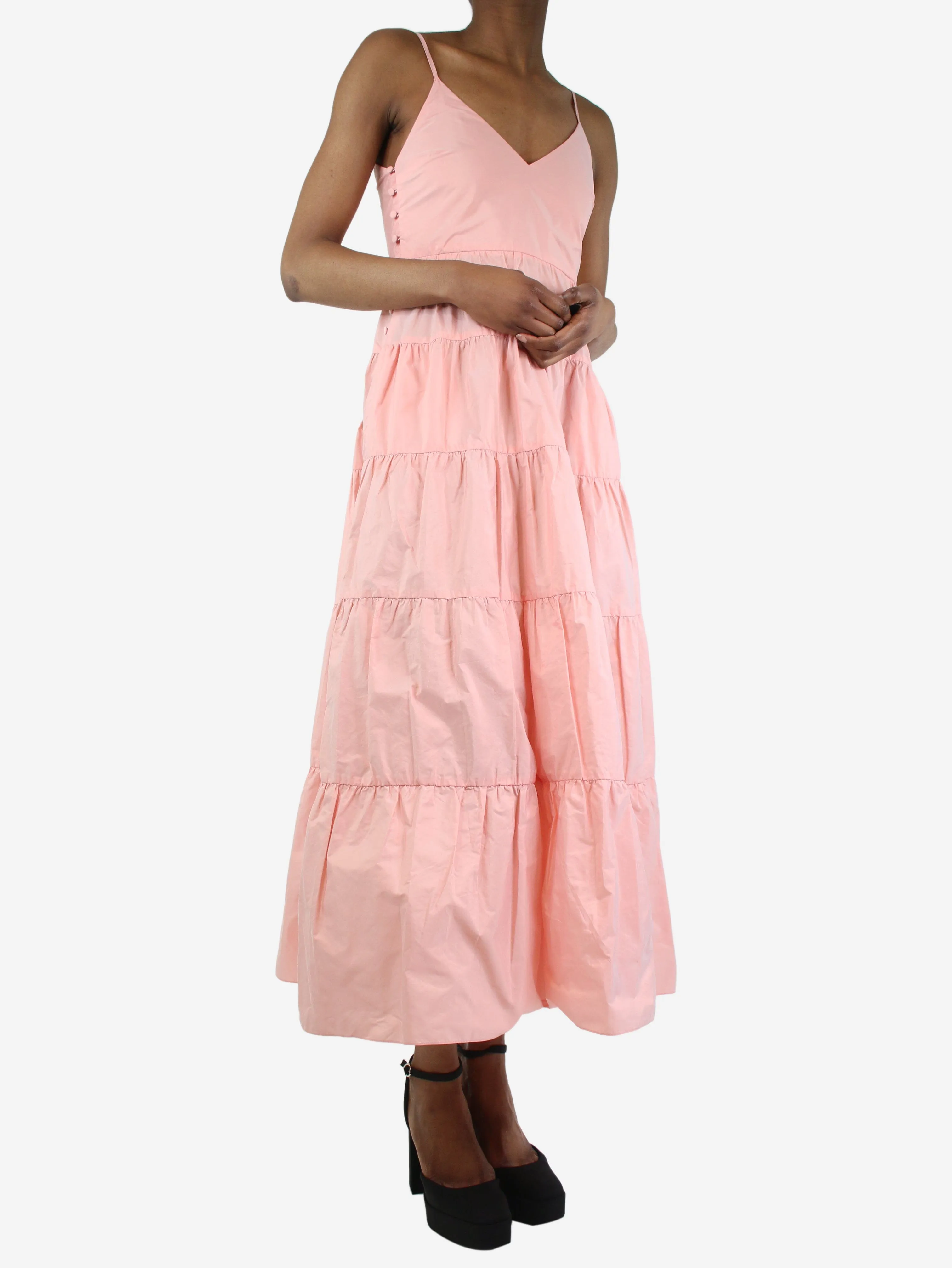 Pink sleeveless tiered midi dress - size UK 8