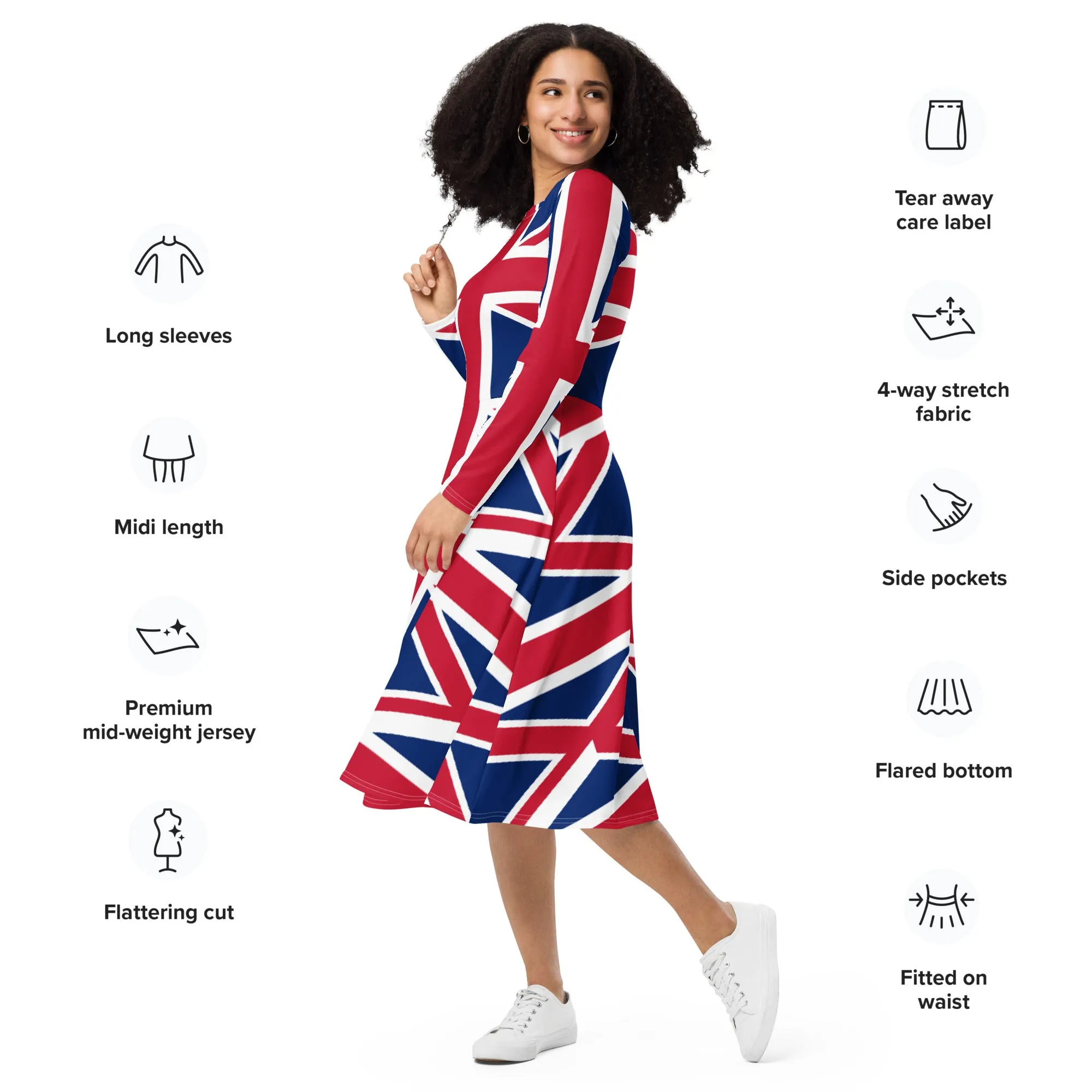 Plus Size Union Jack Dress / Long Sleeve Dress With Pockets / Sizes 2XS - 6XL