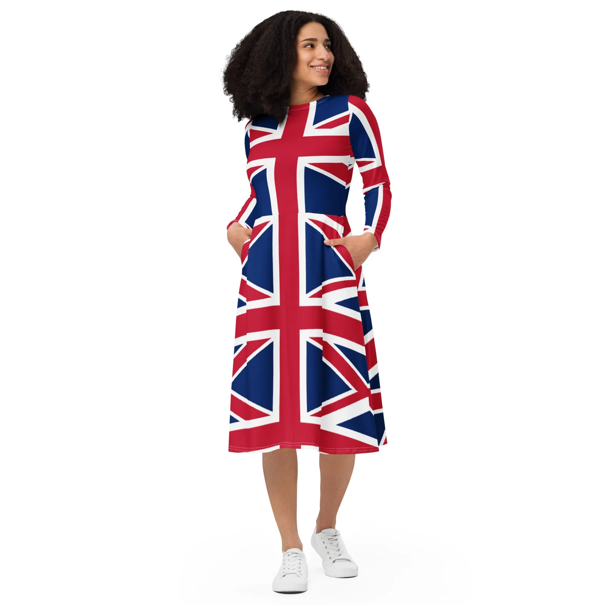 Plus Size Union Jack Dress / Long Sleeve Dress With Pockets / Sizes 2XS - 6XL