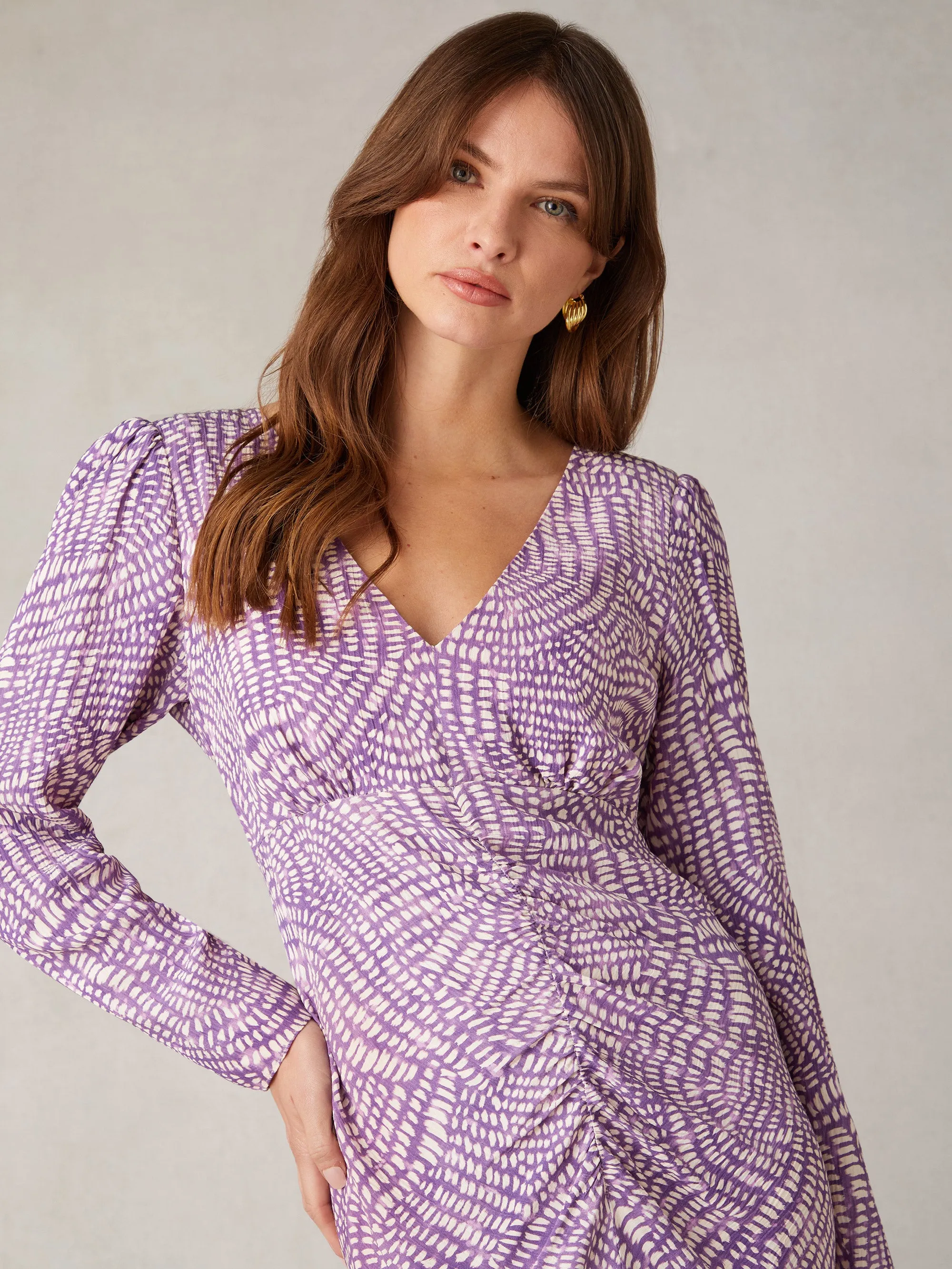 Purple Geo Print Ruched Front Midi Dress