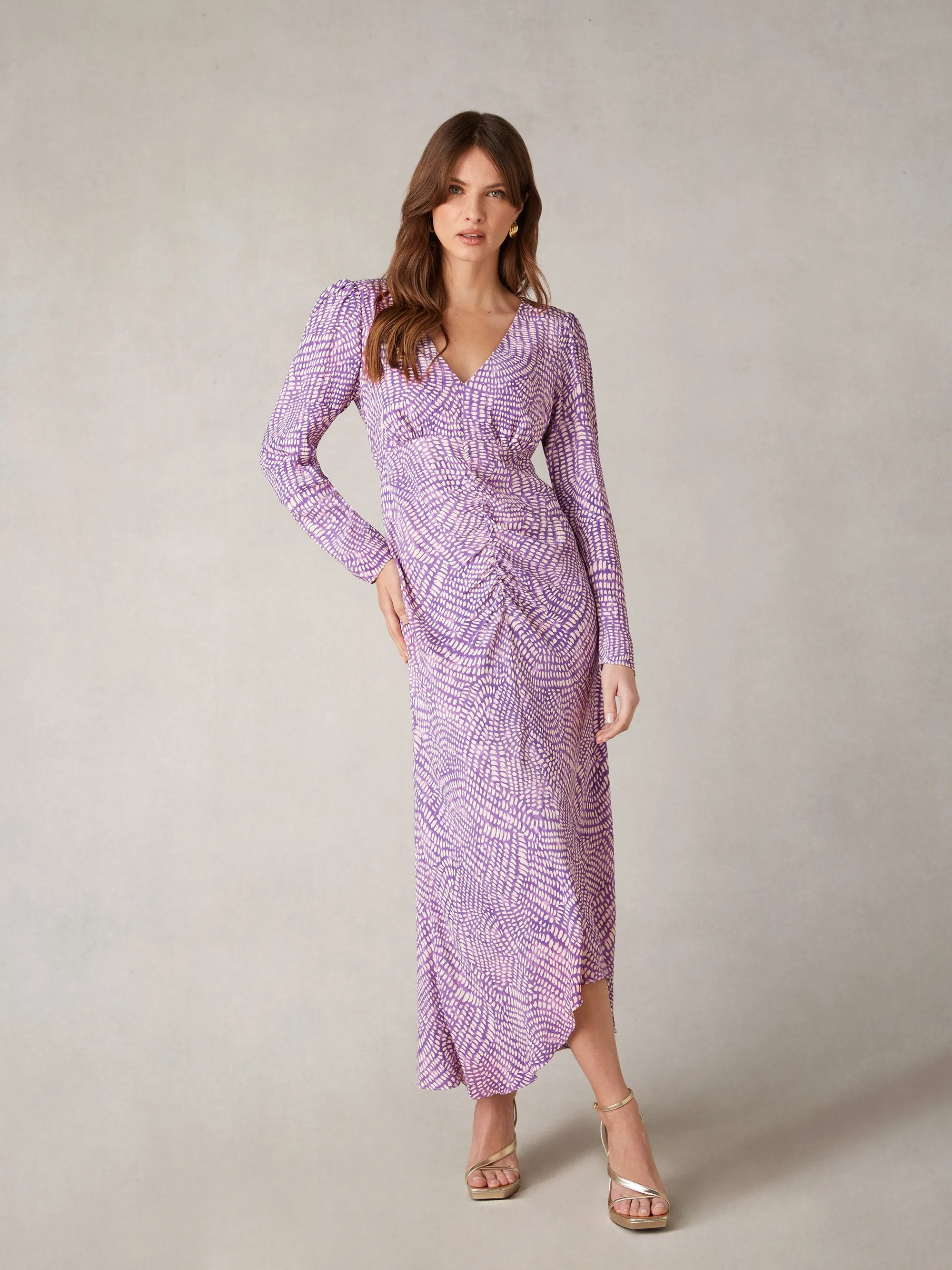 Purple Geo Print Ruched Front Midi Dress