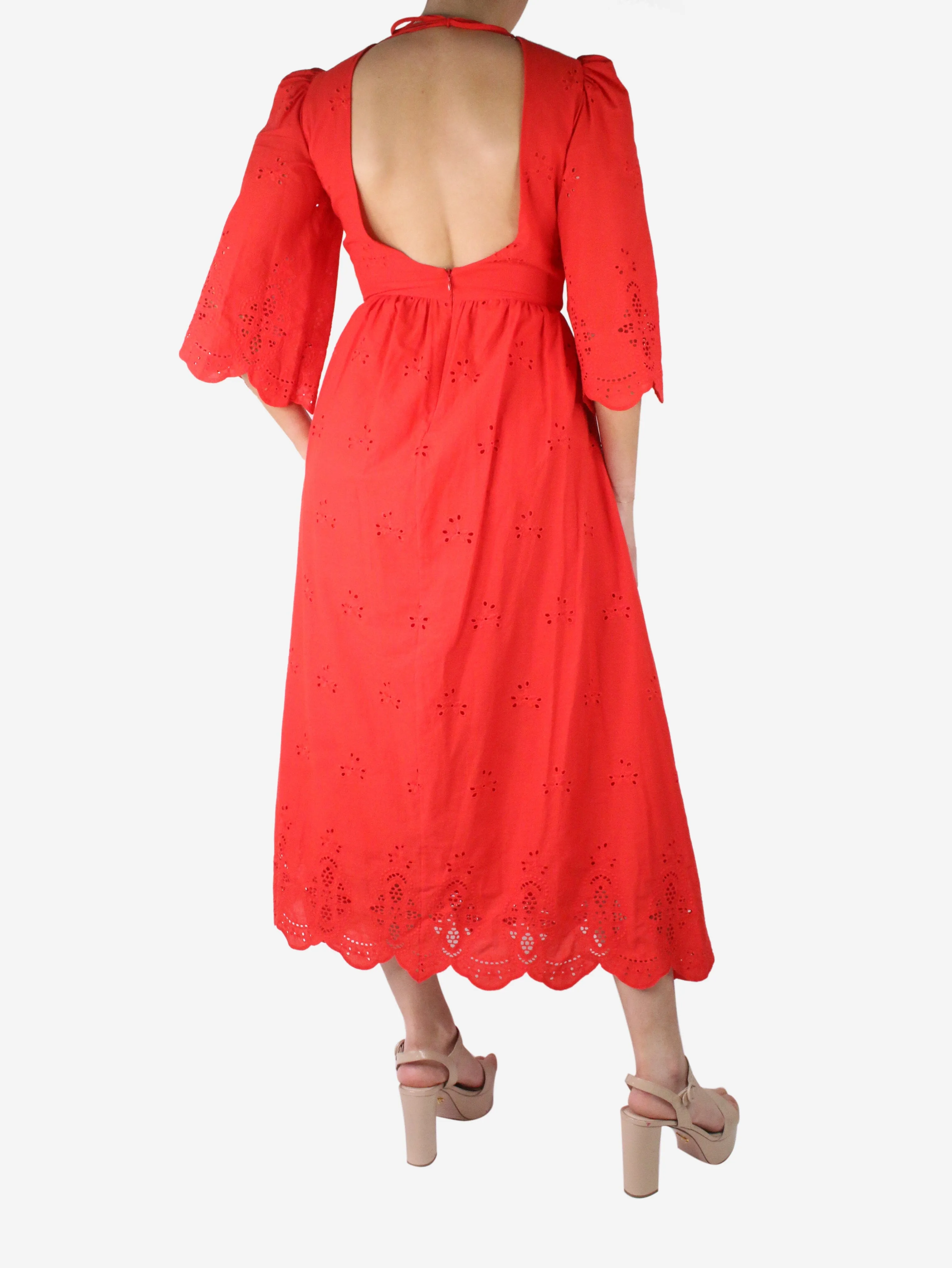 Red open-back embroidered midi dress - size UK 8