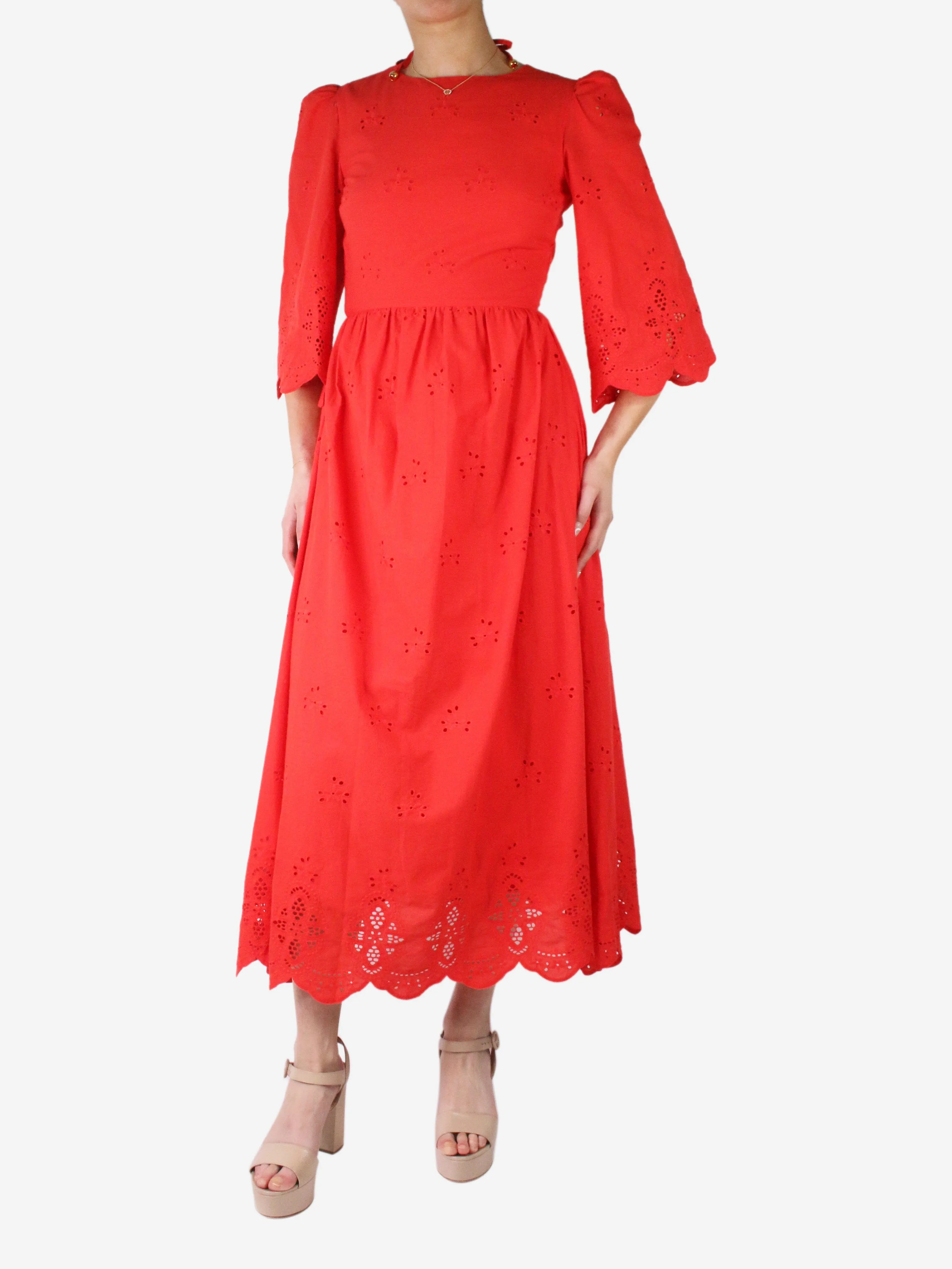 Red open-back embroidered midi dress - size UK 8