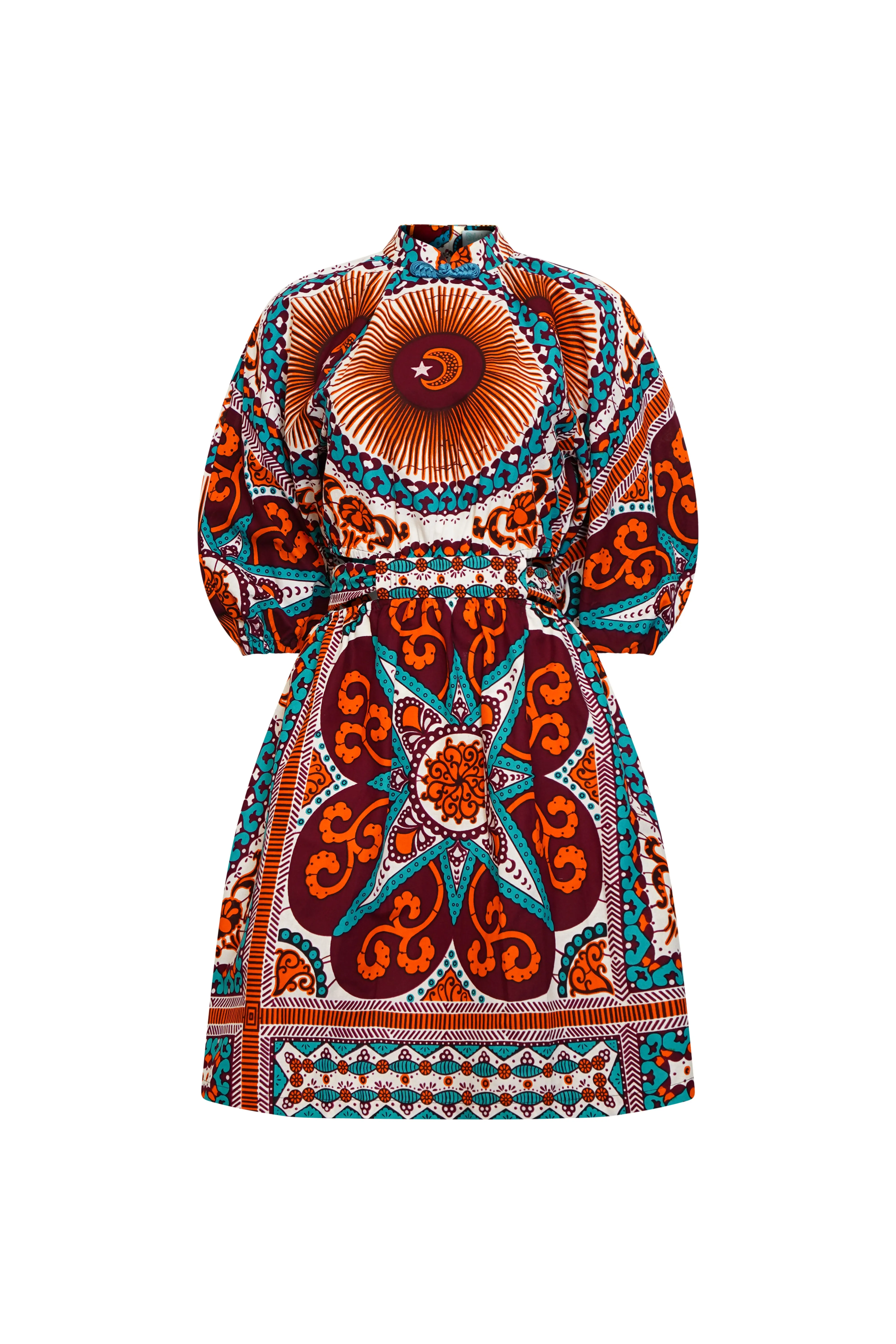 Rosemary Dress - Orange Cyan and White African Ankara Wax Cotton Print