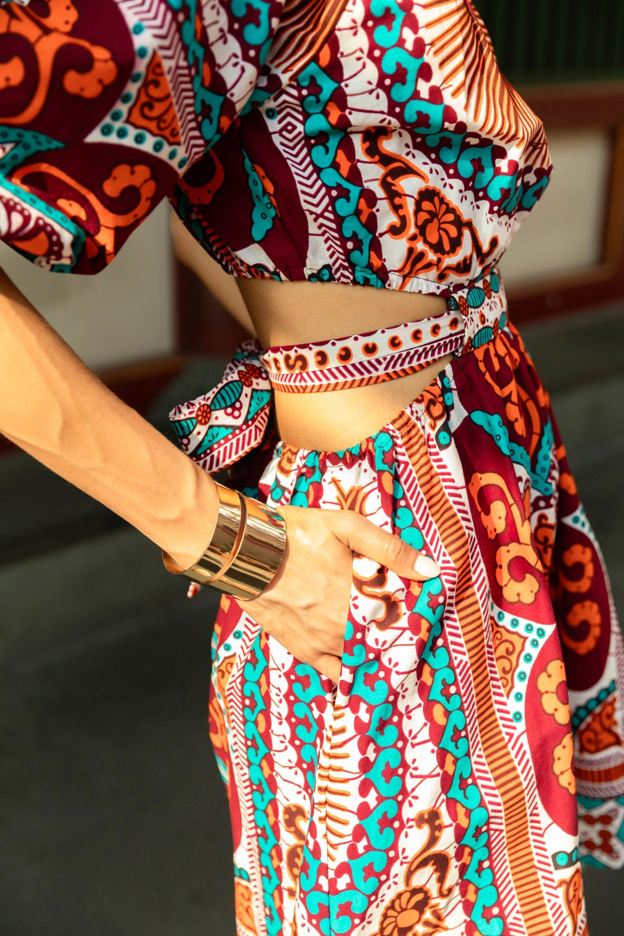 Rosemary Dress - Orange Cyan and White African Ankara Wax Cotton Print