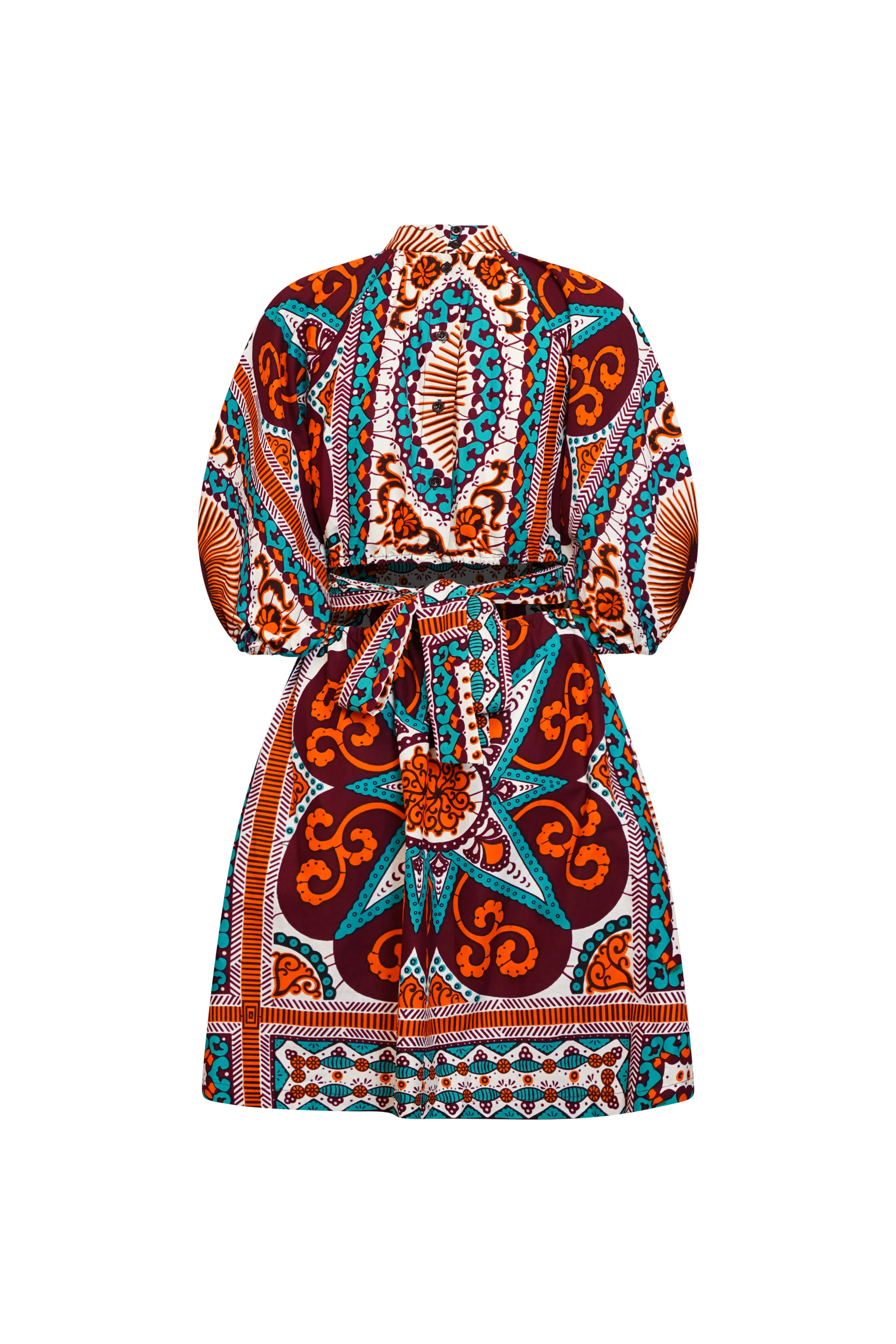 Rosemary Dress - Orange Cyan and White African Ankara Wax Cotton Print