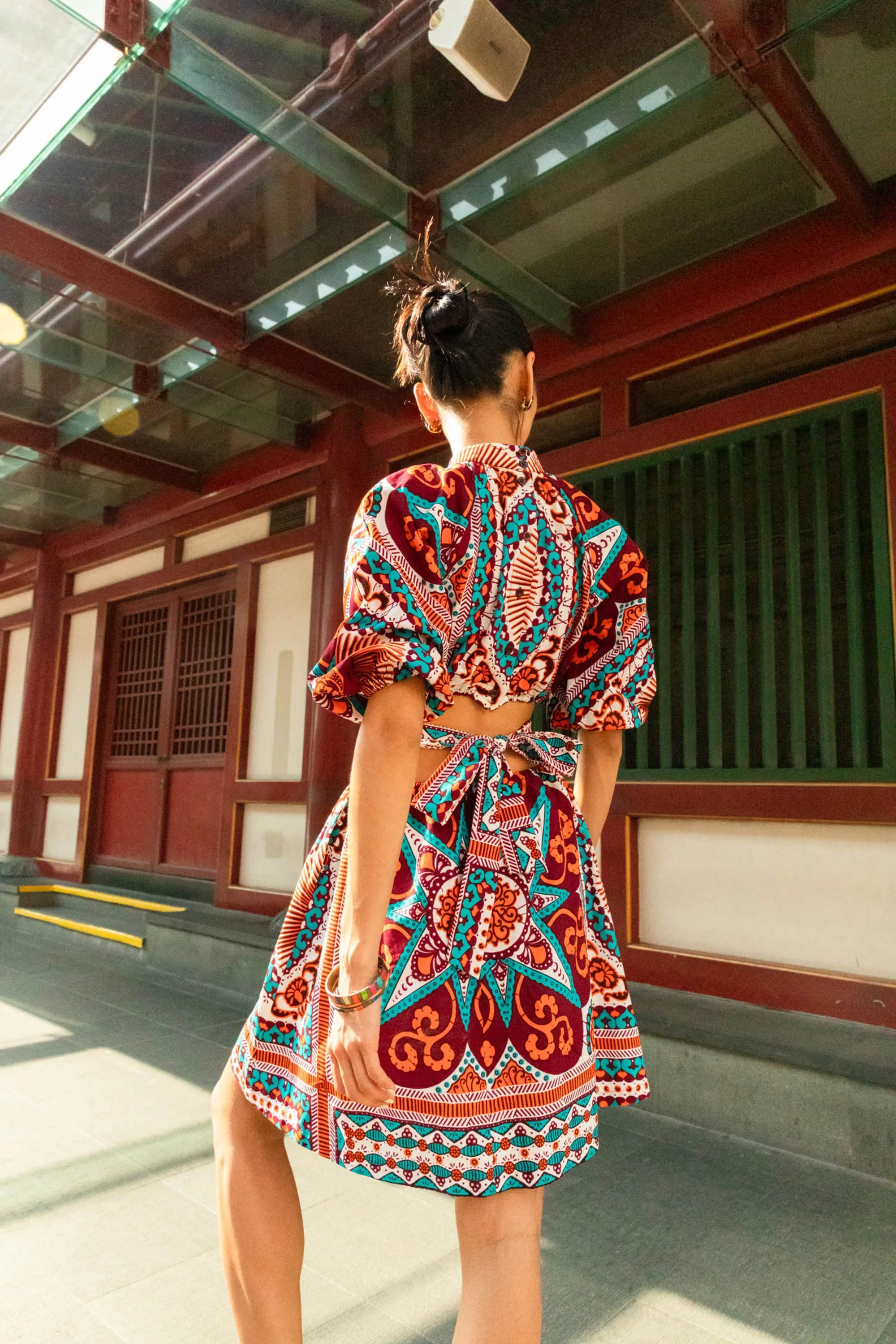 Rosemary Dress - Orange Cyan and White African Ankara Wax Cotton Print