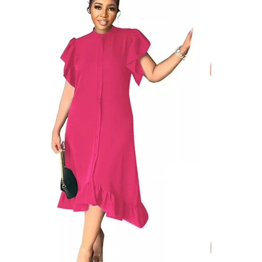 Round Collar Rutched Sleeve Ruffle Hem Midi Dress