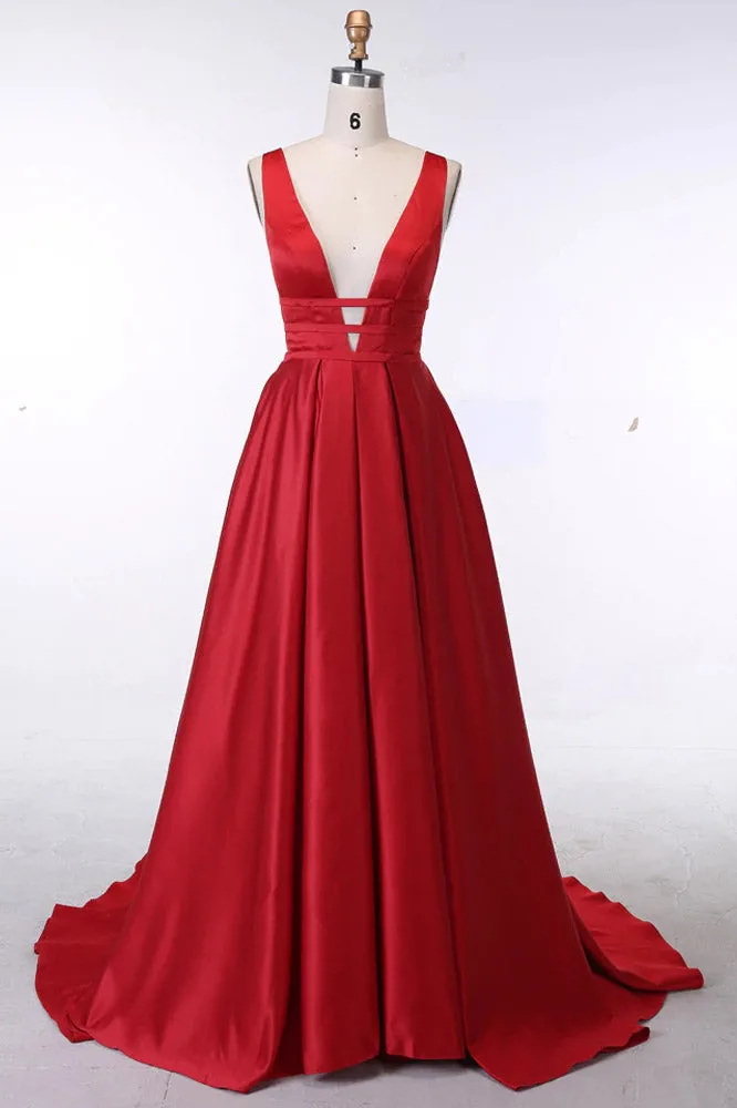 Sexy Rose Red A-Line Plunge Neckline Stretch Satin Backless Prom Dresses