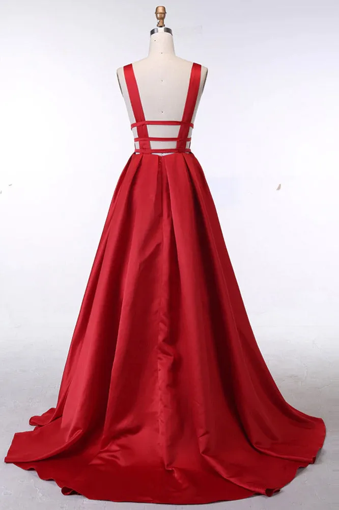 Sexy Rose Red A-Line Plunge Neckline Stretch Satin Backless Prom Dresses