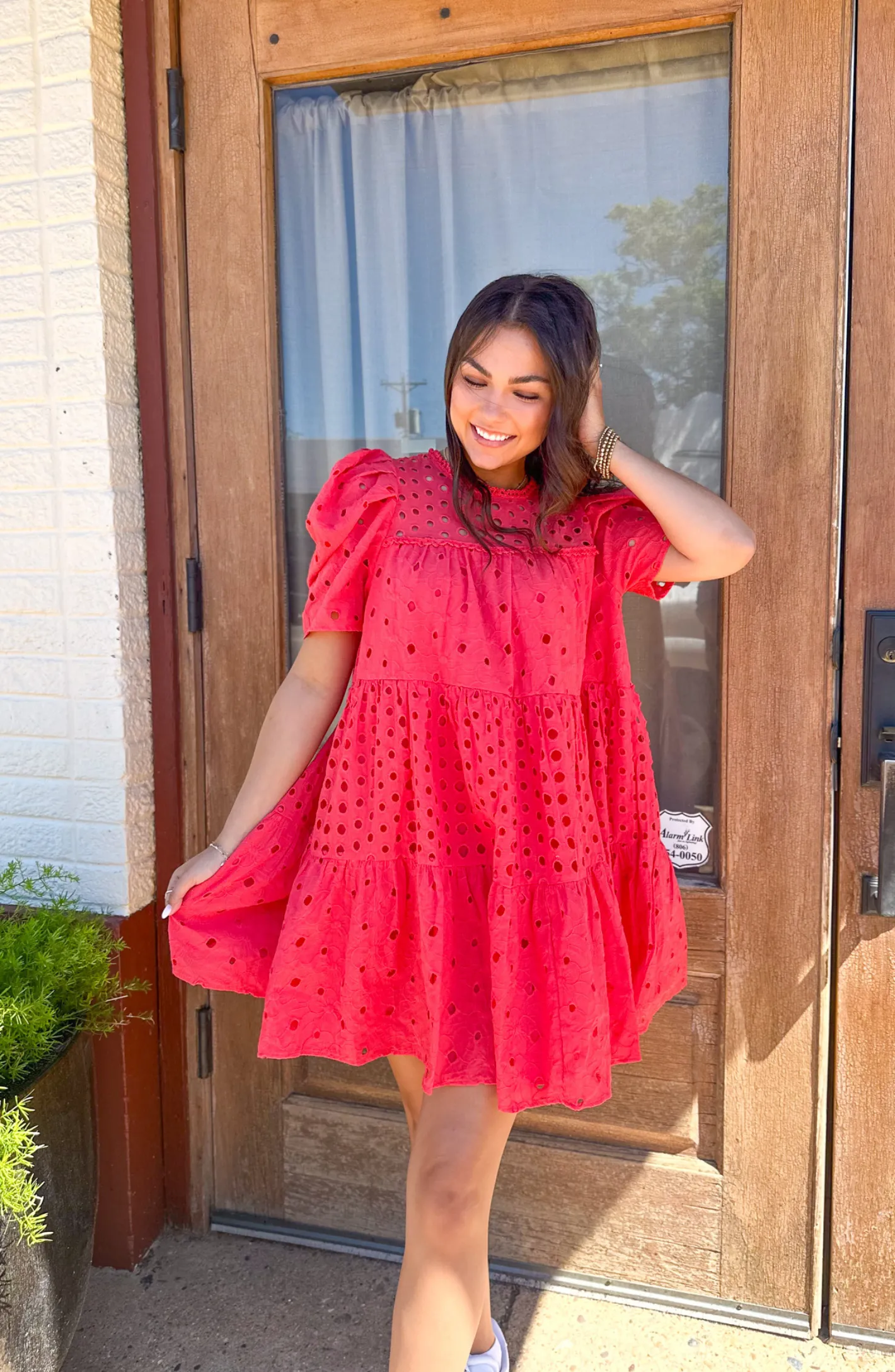 She's All Smiles Cherry Red Eyelet Dress