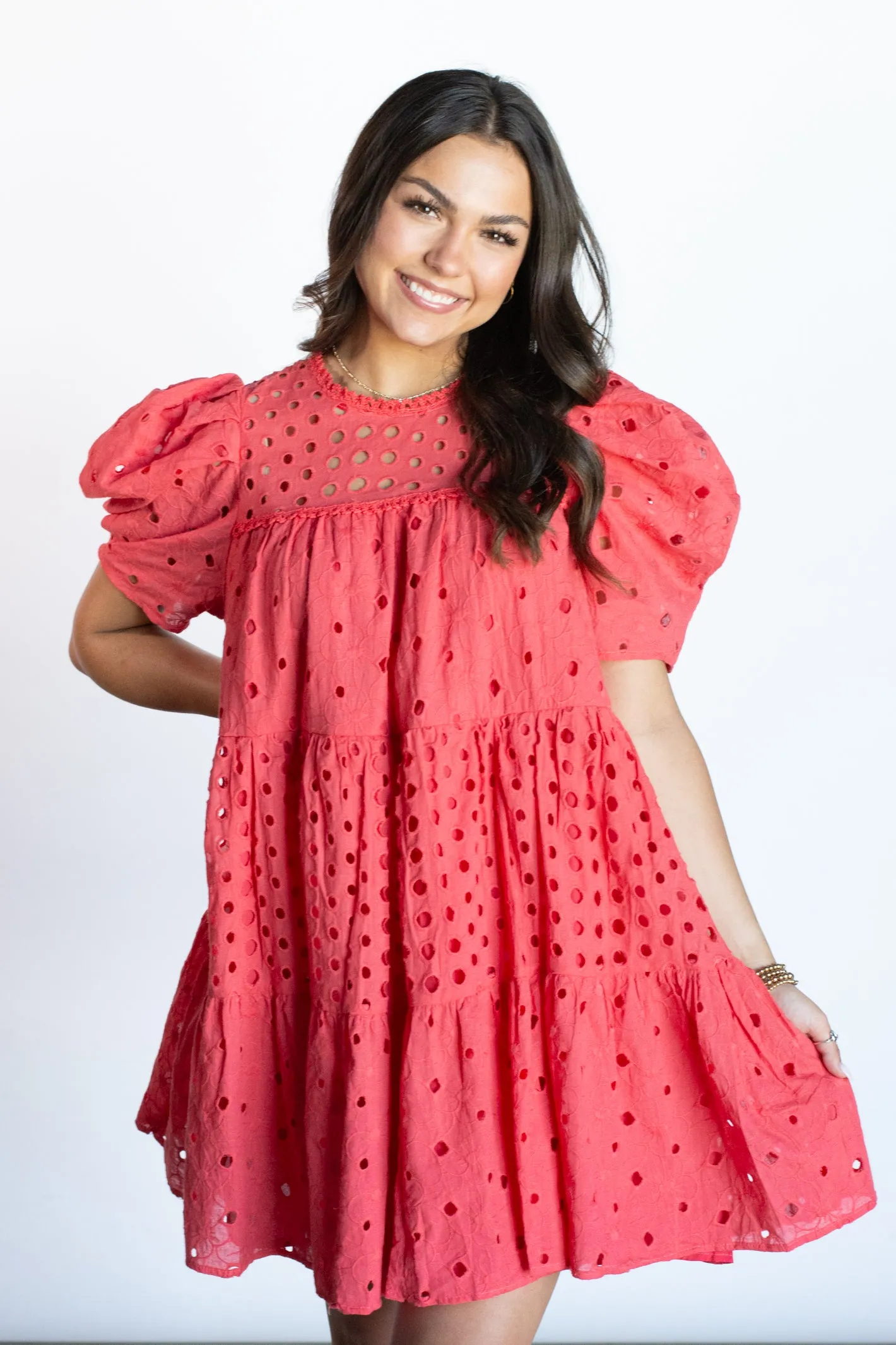 She's All Smiles Cherry Red Eyelet Dress