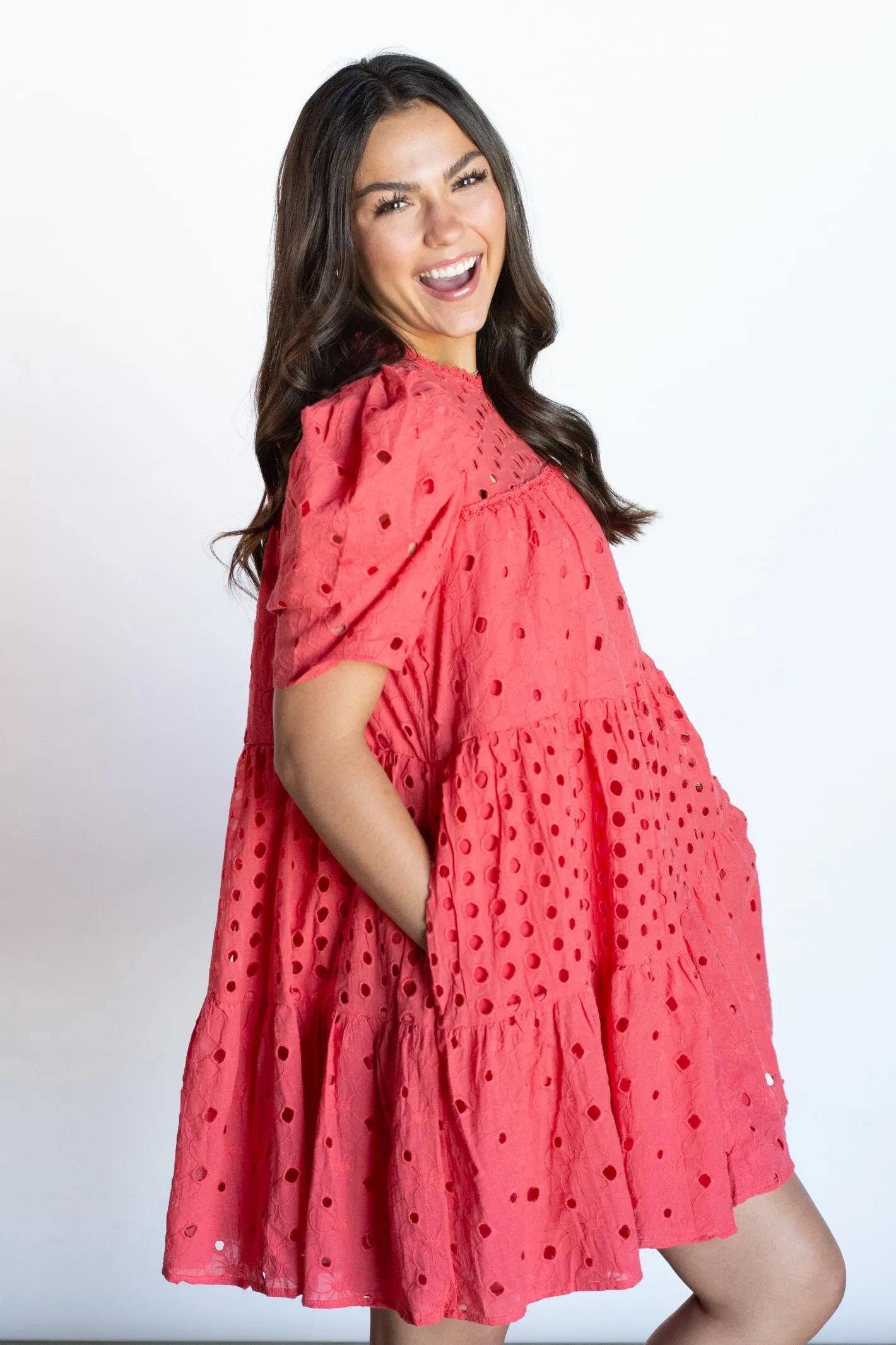 She's All Smiles Cherry Red Eyelet Dress