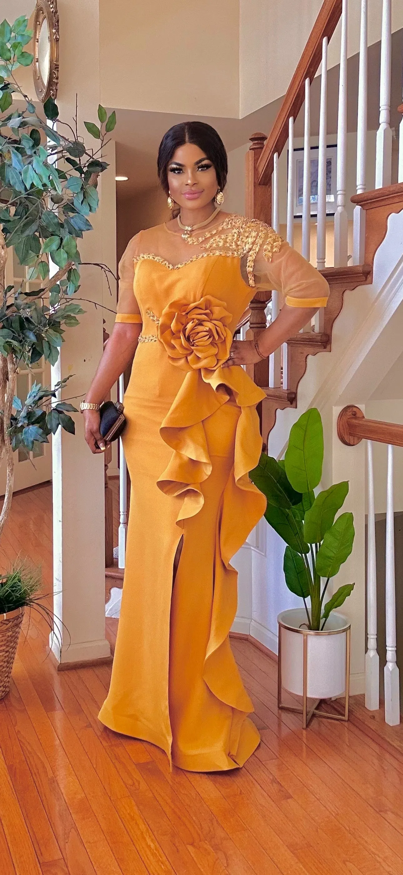 SIDE SLIT RUCHING FLOOR LENGTH FORMAL DRESS(MUSTARD)