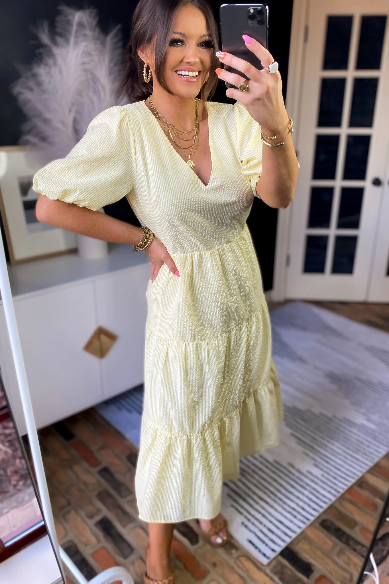 Skipper Yellow Seersucker Tiered Midi Dress