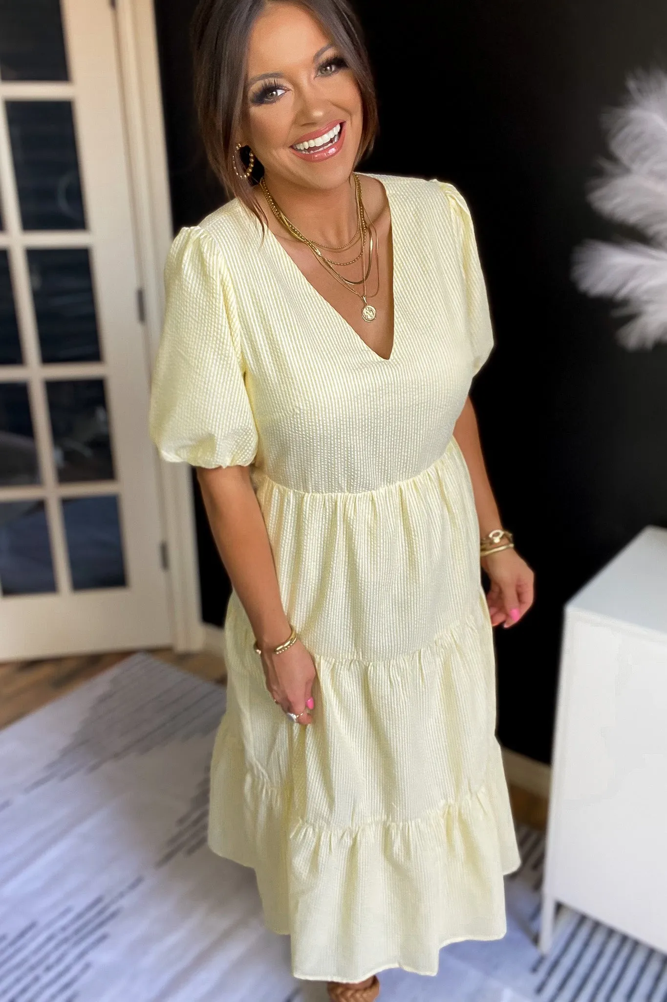 Skipper Yellow Seersucker Tiered Midi Dress