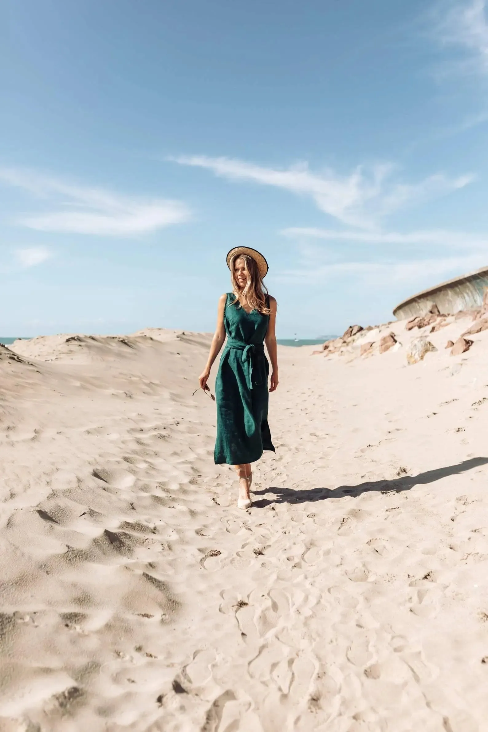 Sleeveless Green Linen Wrap Dress by Odalux