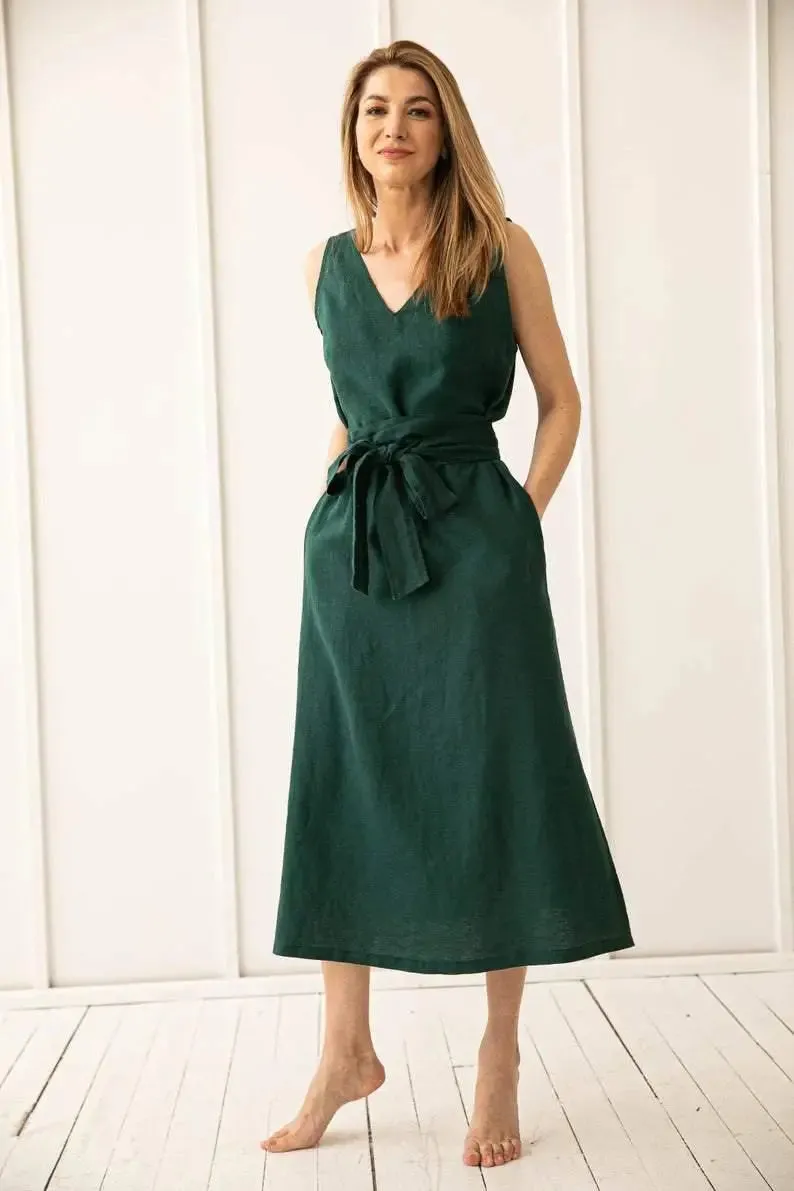 Sleeveless Green Linen Wrap Dress by Odalux