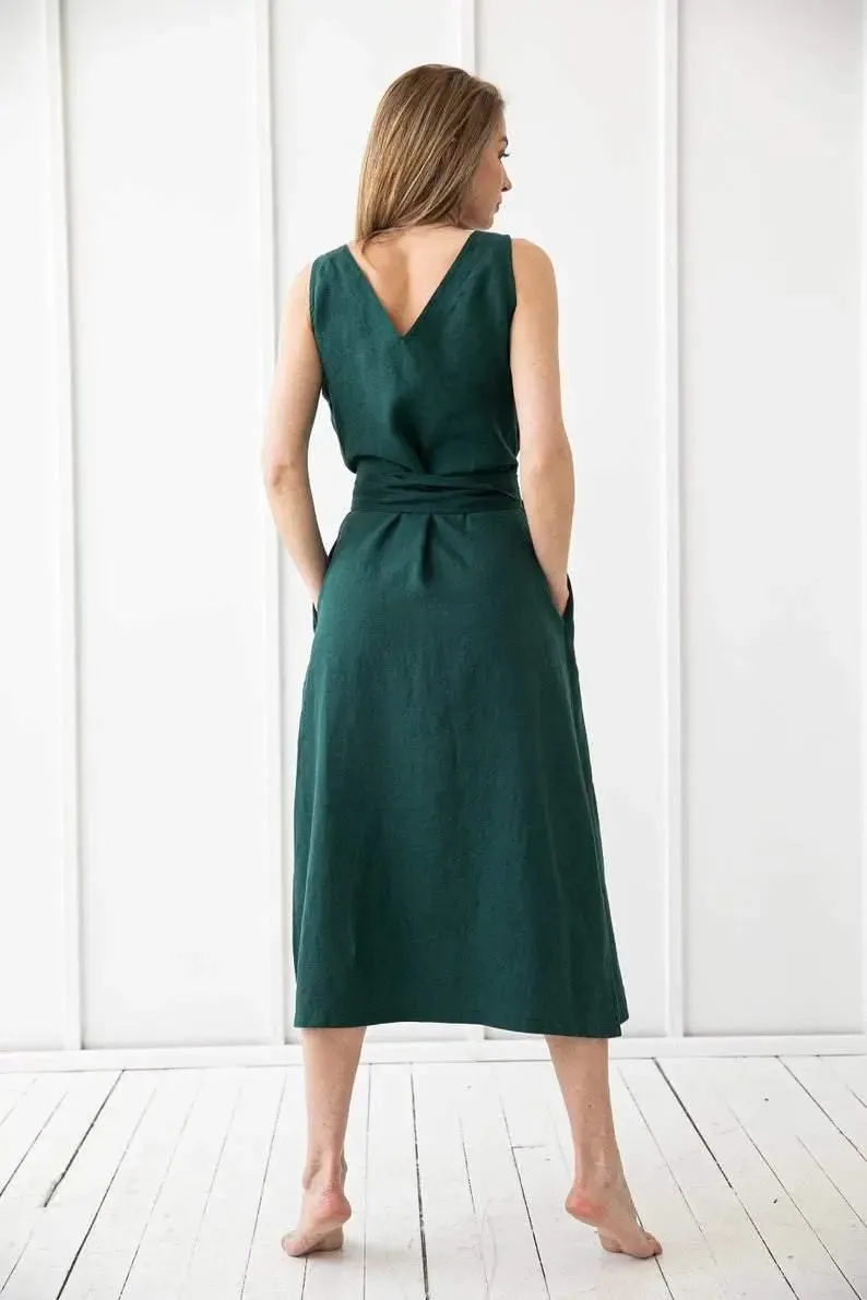 Sleeveless Green Linen Wrap Dress by Odalux