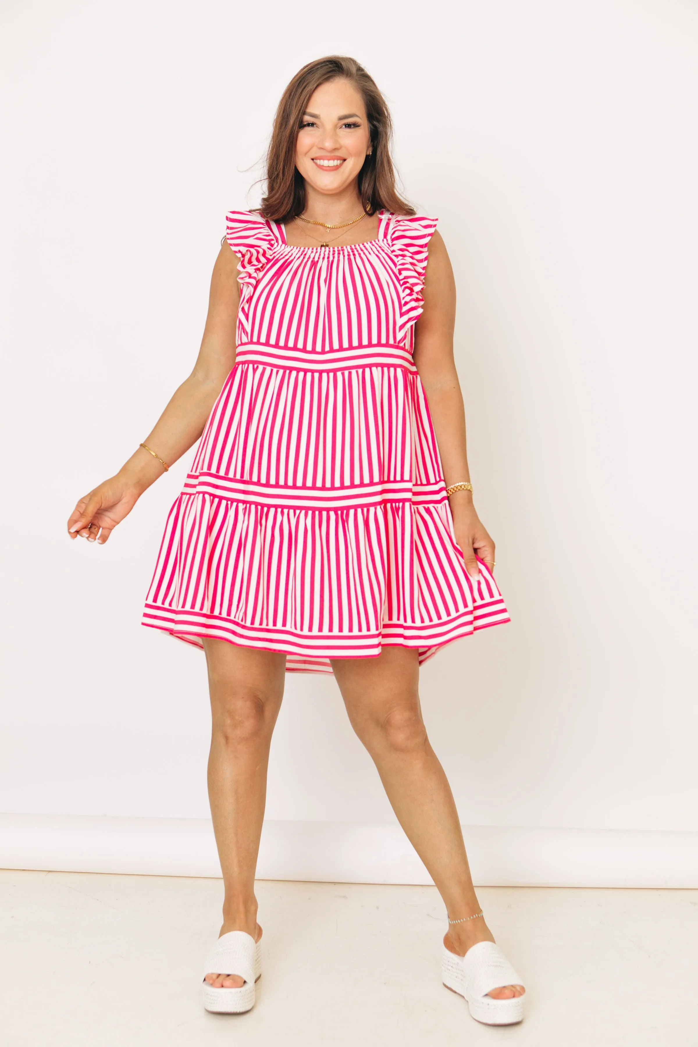 Striped Ruffle Sleeve Tiered Mini Dress (S-2XL)